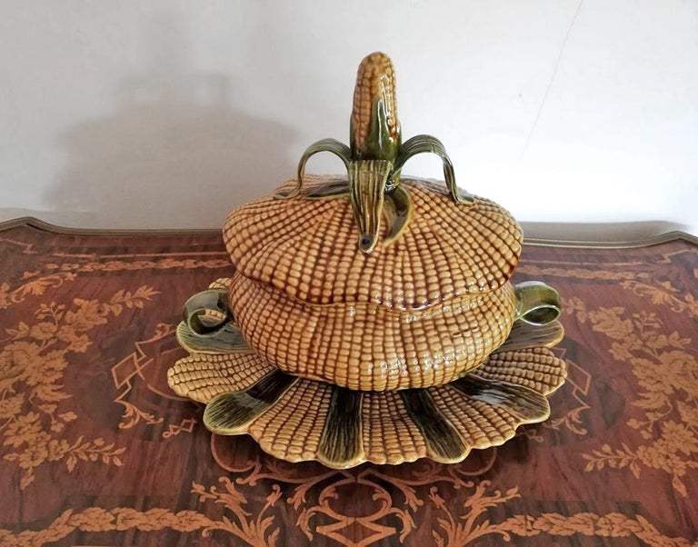 Set of Majolica Pottery Ceramic Corn Tureen Box with Tray Platter and