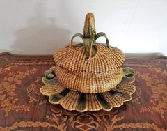 Set of Majolica Pottery Ceramic Corn Tureen Box with Tray Platter & Cover