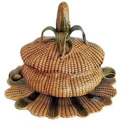 Set of Majolica Pottery Ceramic Corn Tureen Box with Tray Platter & Cover