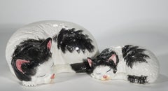 Set of Majolica Sleeping Cat & Kitten Sculptures, Italy, Vintage