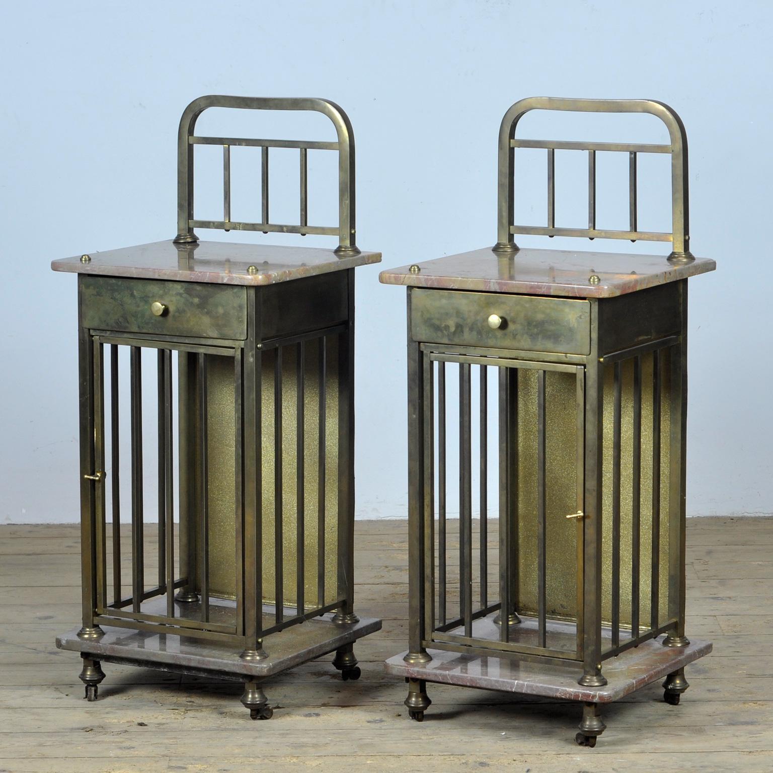Arts and Crafts Set Of Marble And Brass Nightstands, 1880's For Sale