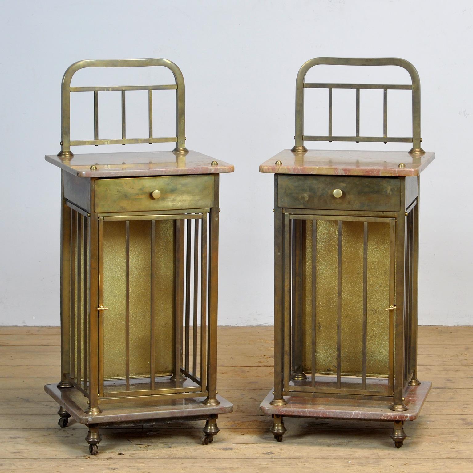 German Set Of Marble And Brass Nightstands, 1880's For Sale