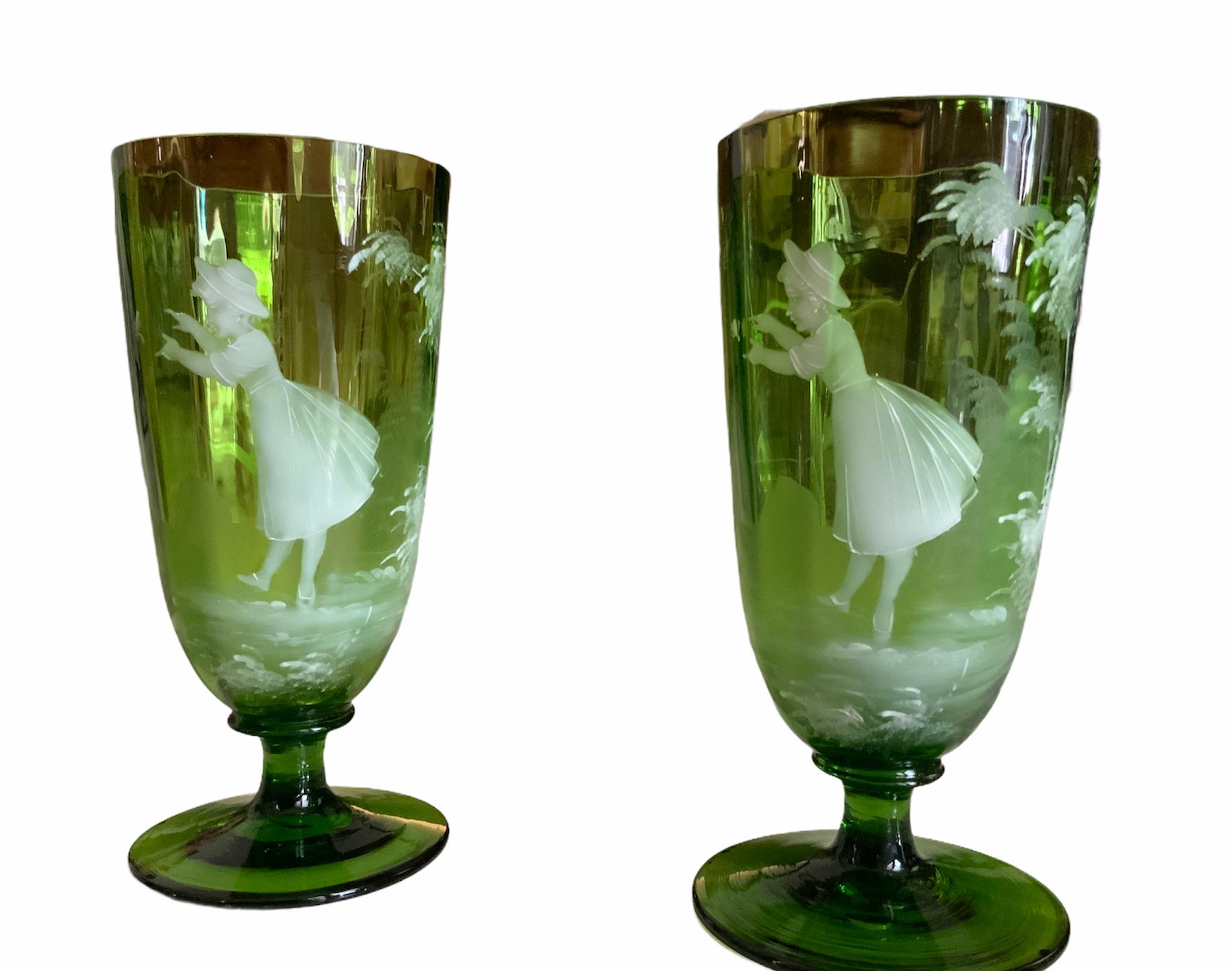 Victorian Set of Mary Gregory Hand Painted Emerald Green Glass Goblets For Sale