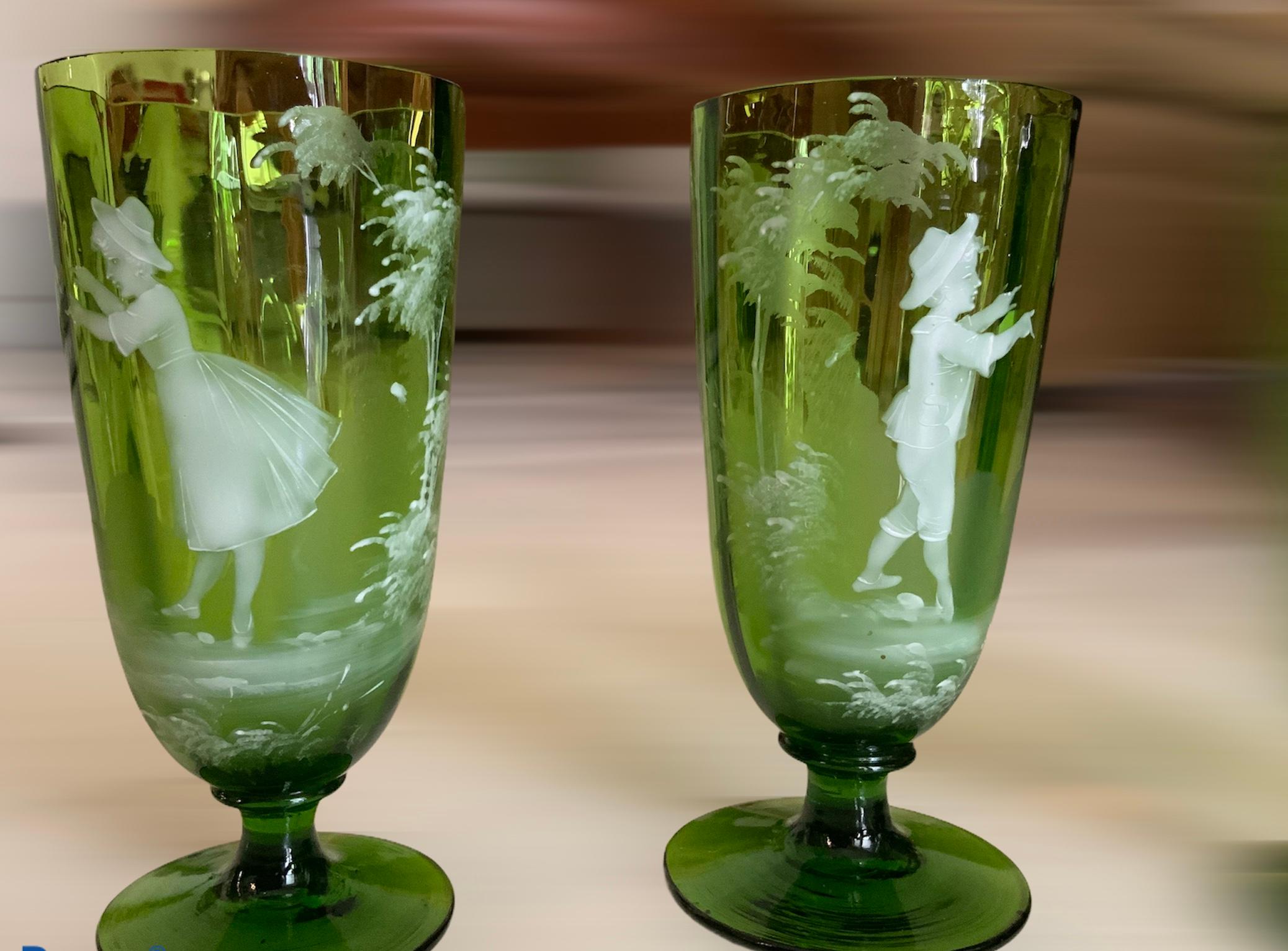 Czech Set of Mary Gregory Hand Painted Emerald Green Glass Goblets For Sale