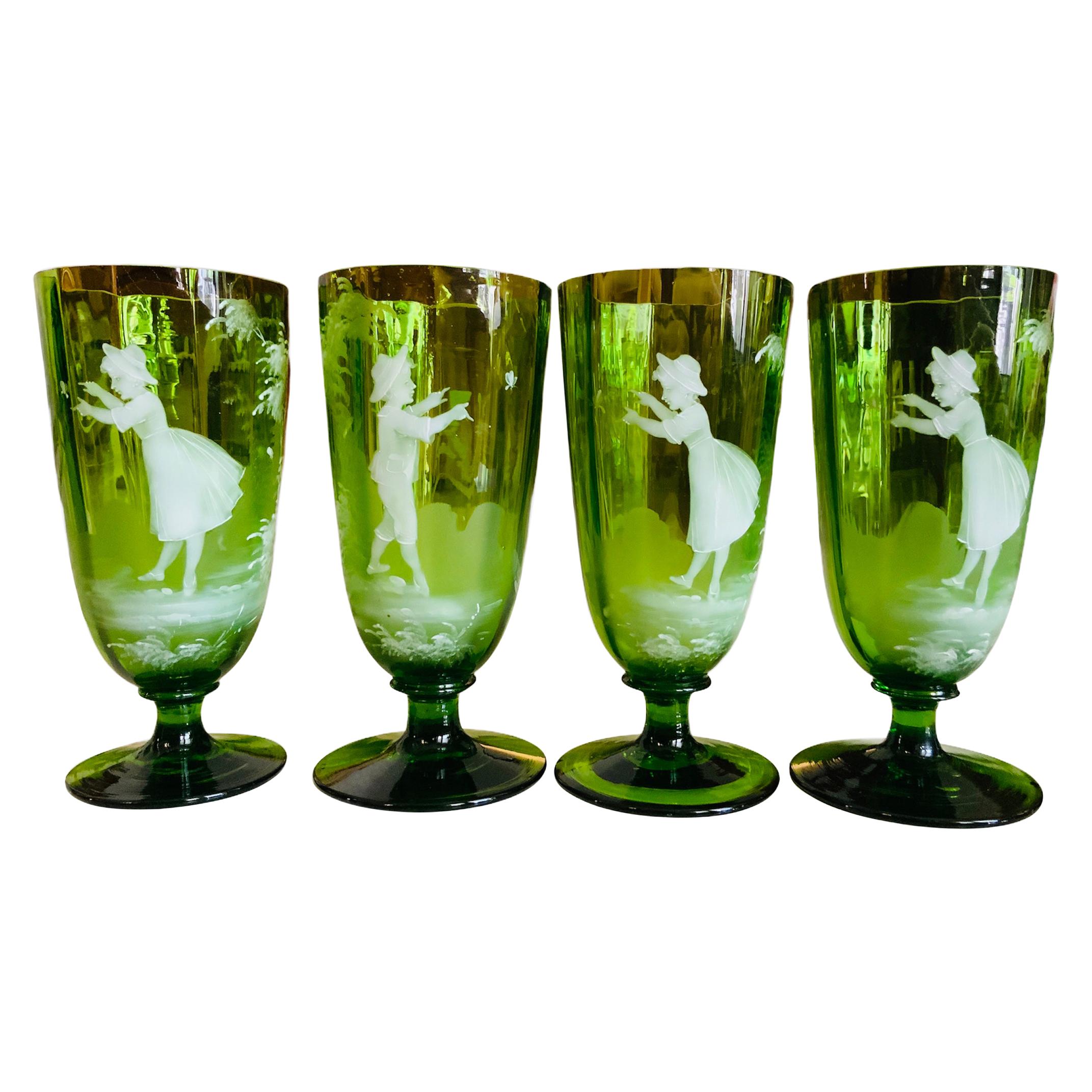 Set of Mary Gregory Hand Painted Emerald Green Glass Goblets