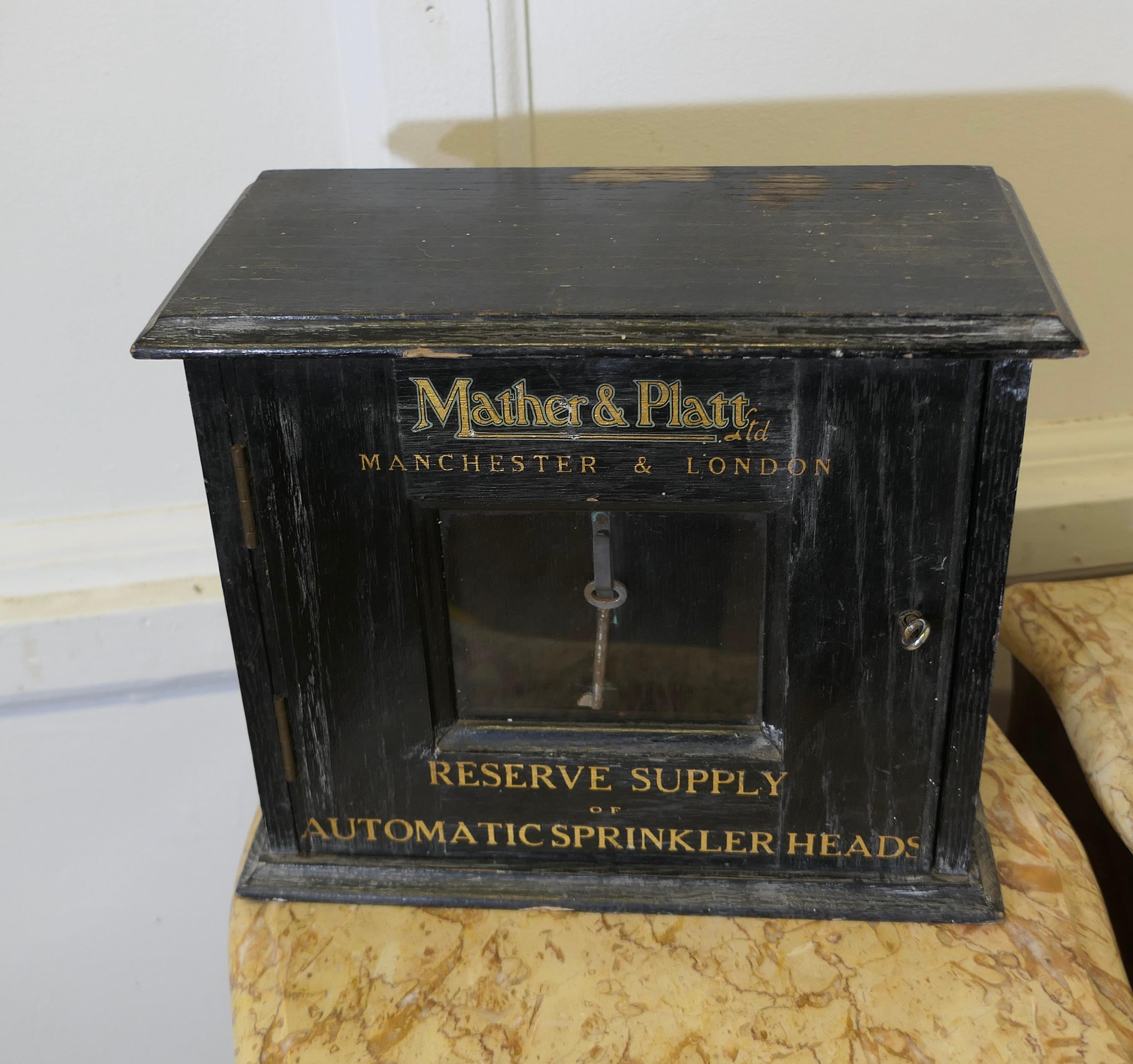 Set of Mather and Platt Sprinkler Heads in Case

A rare find, still in their original cabinet, complete with Key and original spanner and a set of 12 replacement brass sprinkler heads. The Black pine box has the key on the front behind glass and the