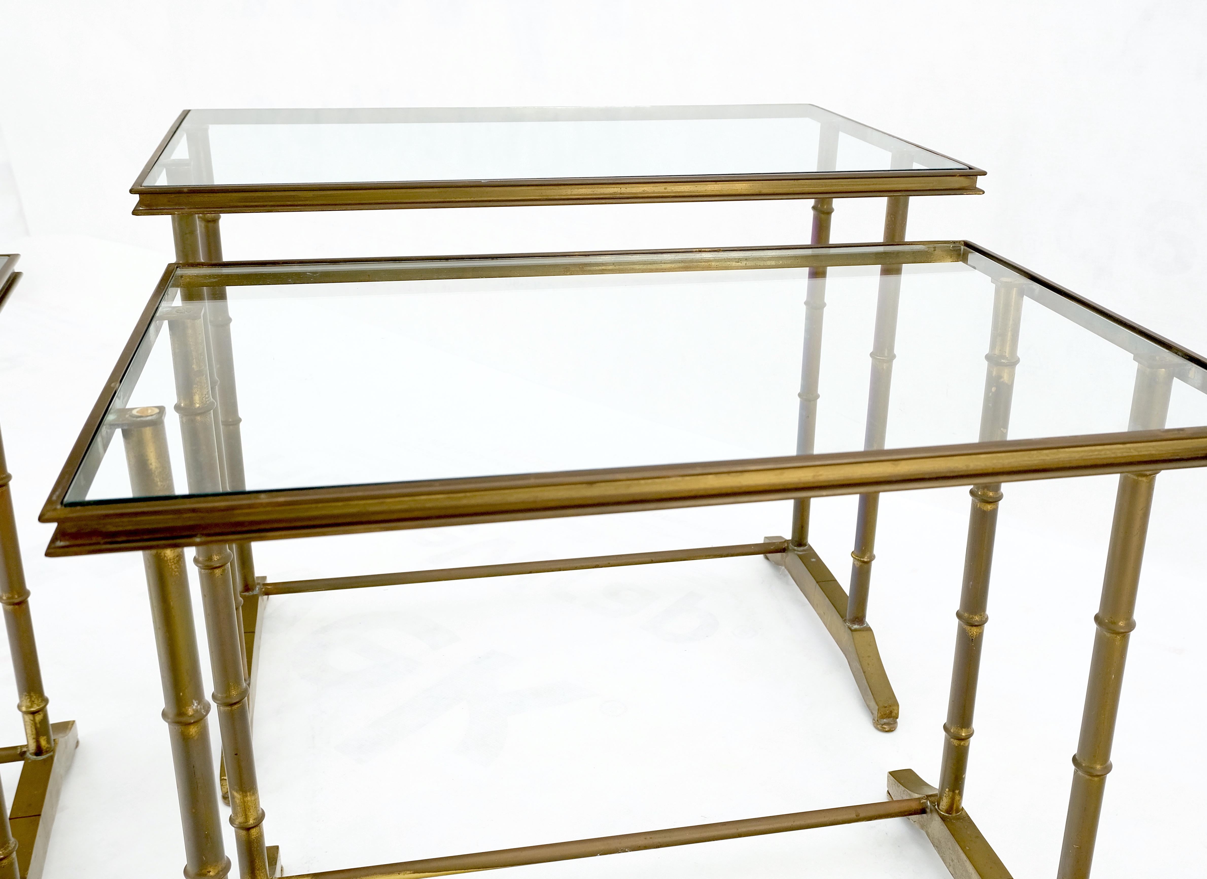 Set of MCM Solid Brass Faux Bamboo Glass Top Nesting Side End Tables Stands For Sale 6