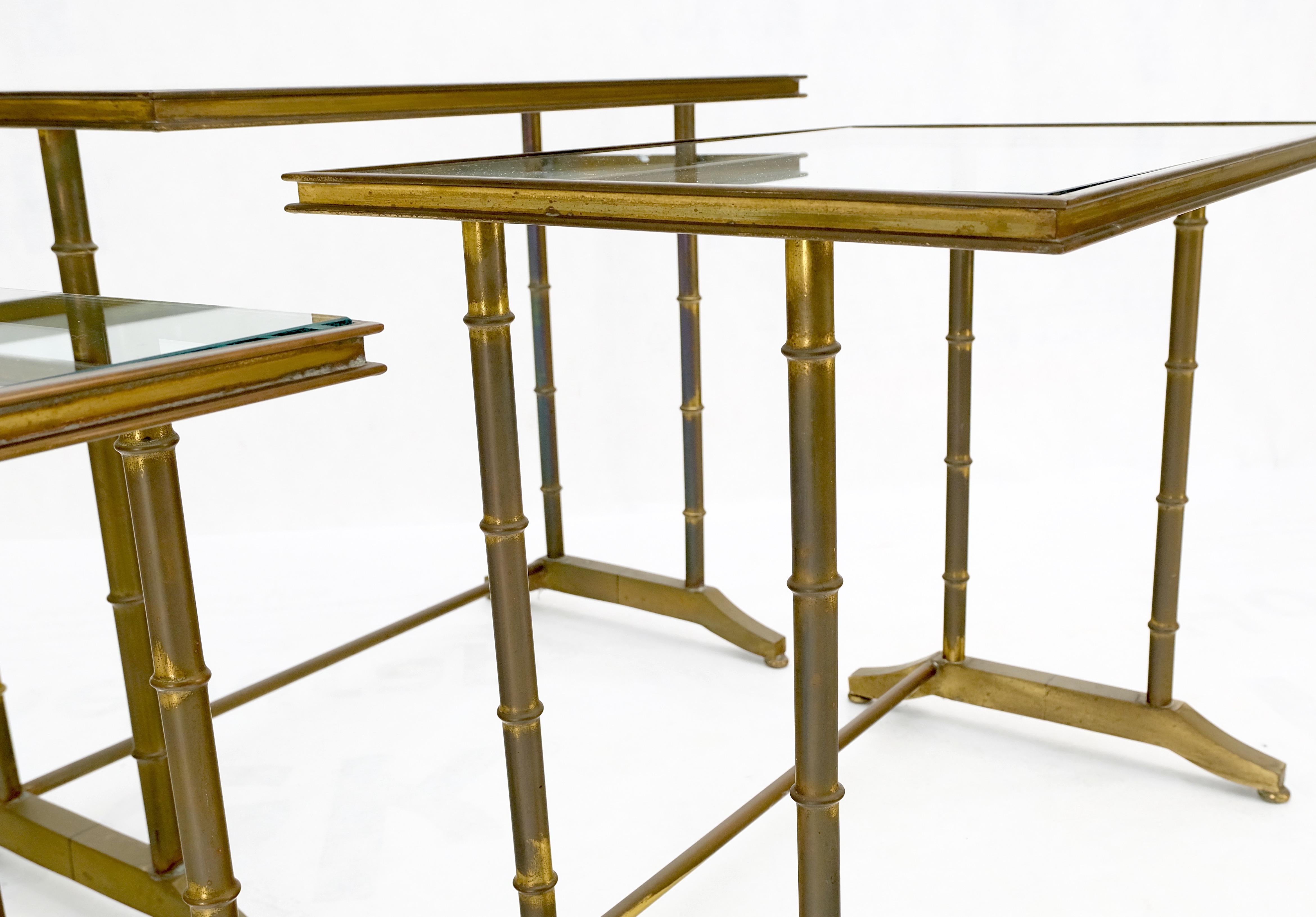 Set of MCM Solid Brass Faux Bamboo Glass Top Nesting Side End Tables Stands For Sale 7