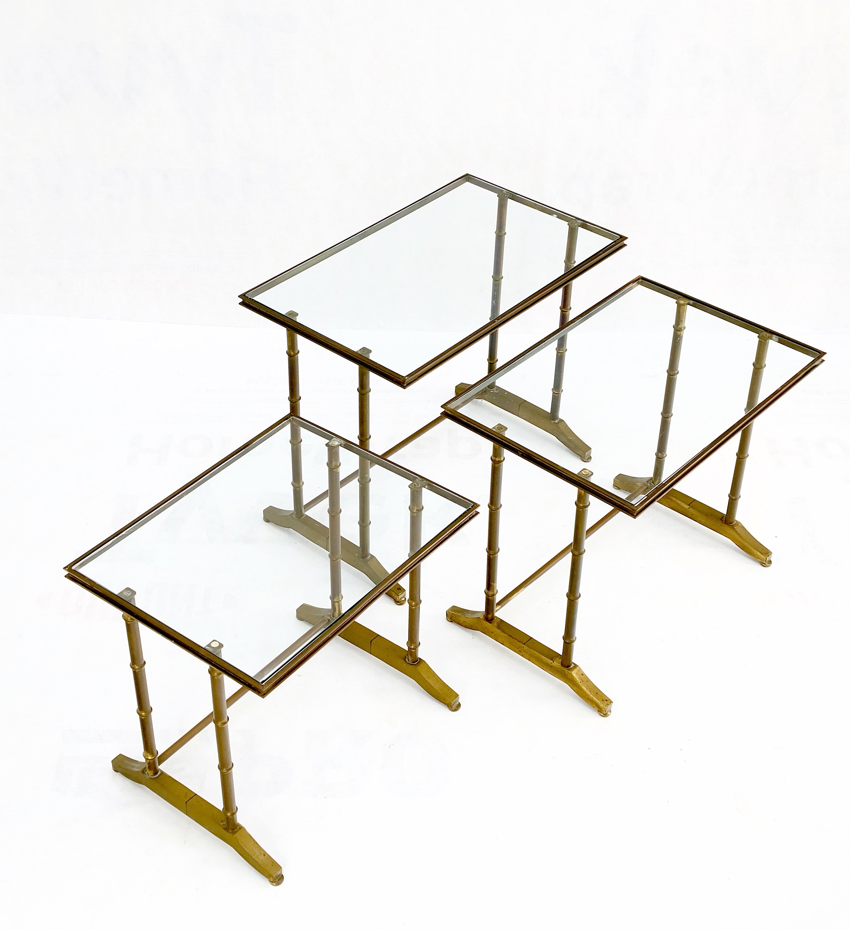 Set of quality machined brass MCM solid brass faux bamboo glass top nesting side end tables stands nice!