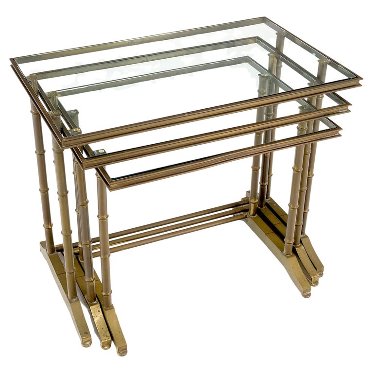 Set of MCM Solid Brass Faux Bamboo Glass Top Nesting Side End Tables