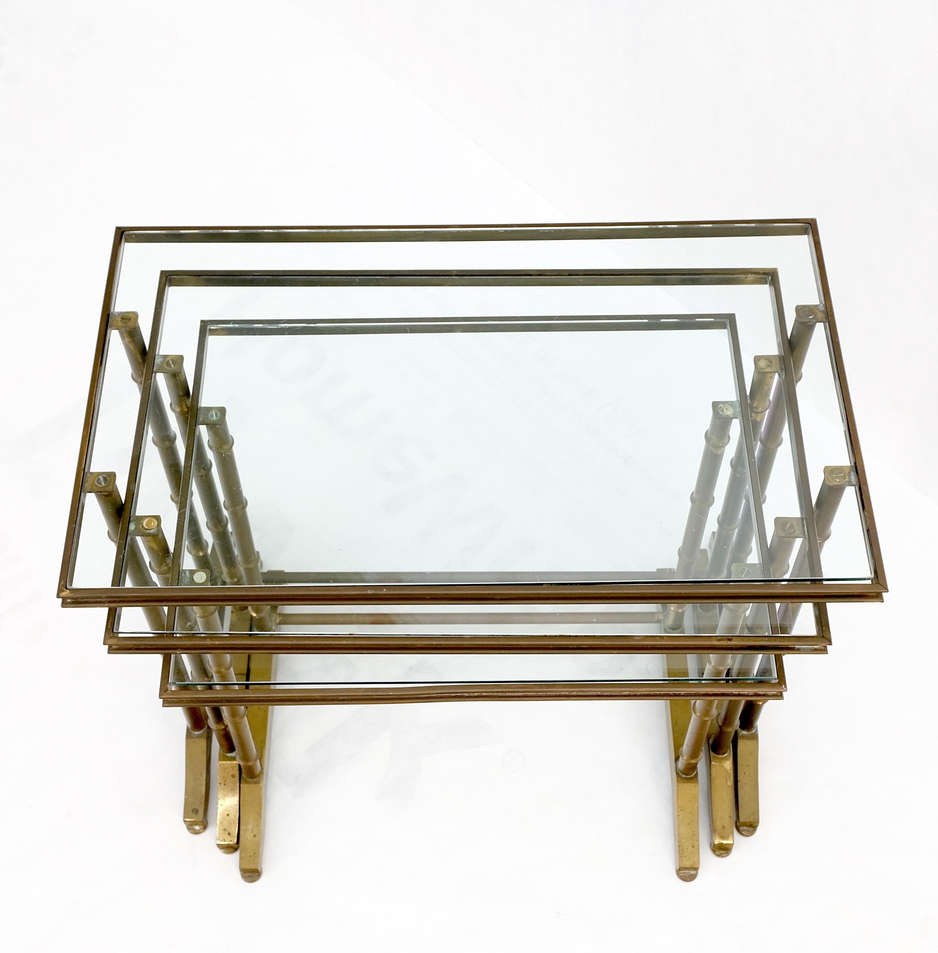 Mid-Century Modern Set of MCM Solid Brass Faux Bamboo Glass Top Nesting Side End Tables Stands For Sale