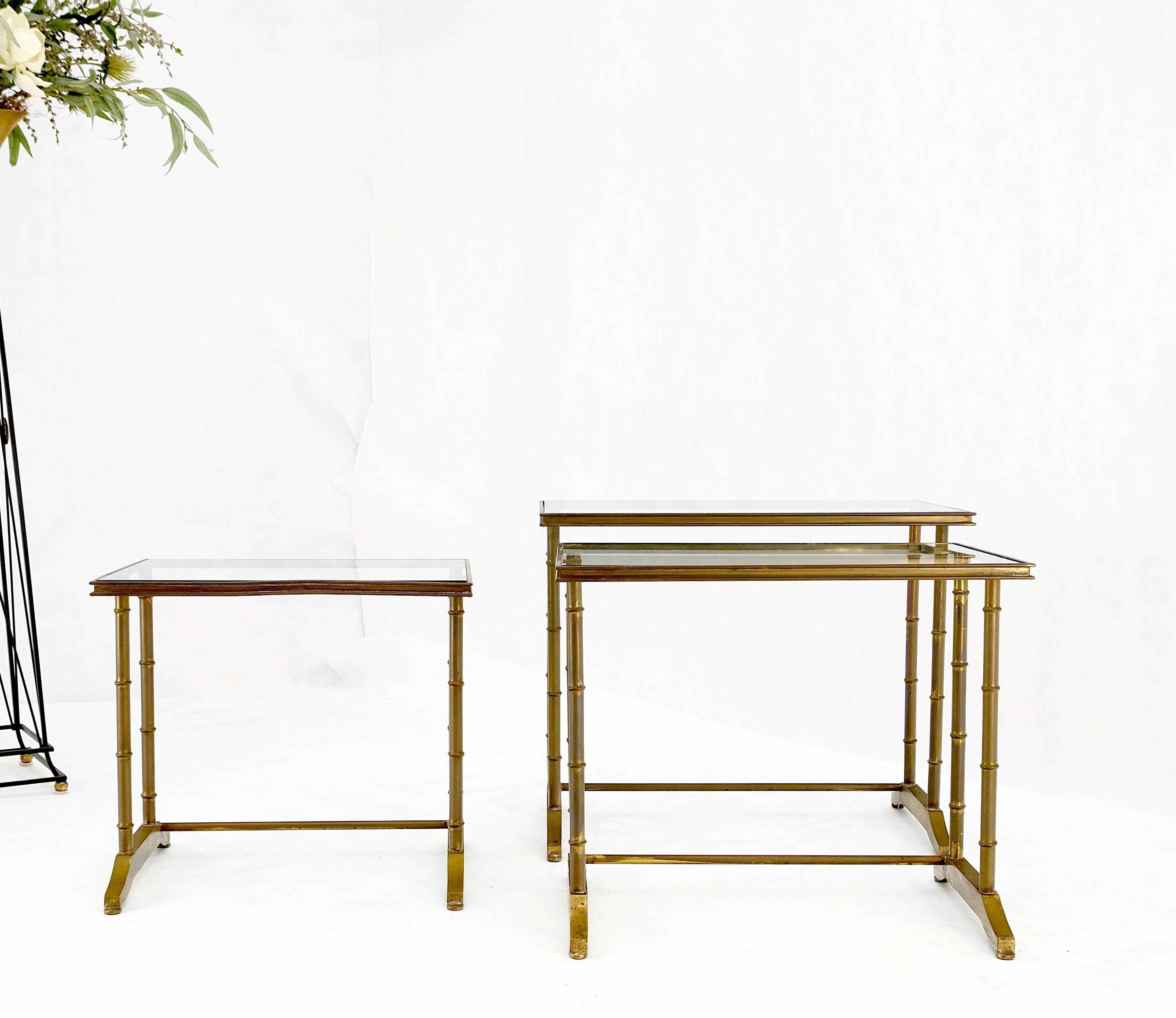 American Set of MCM Solid Brass Faux Bamboo Glass Top Nesting Side End Tables Stands For Sale