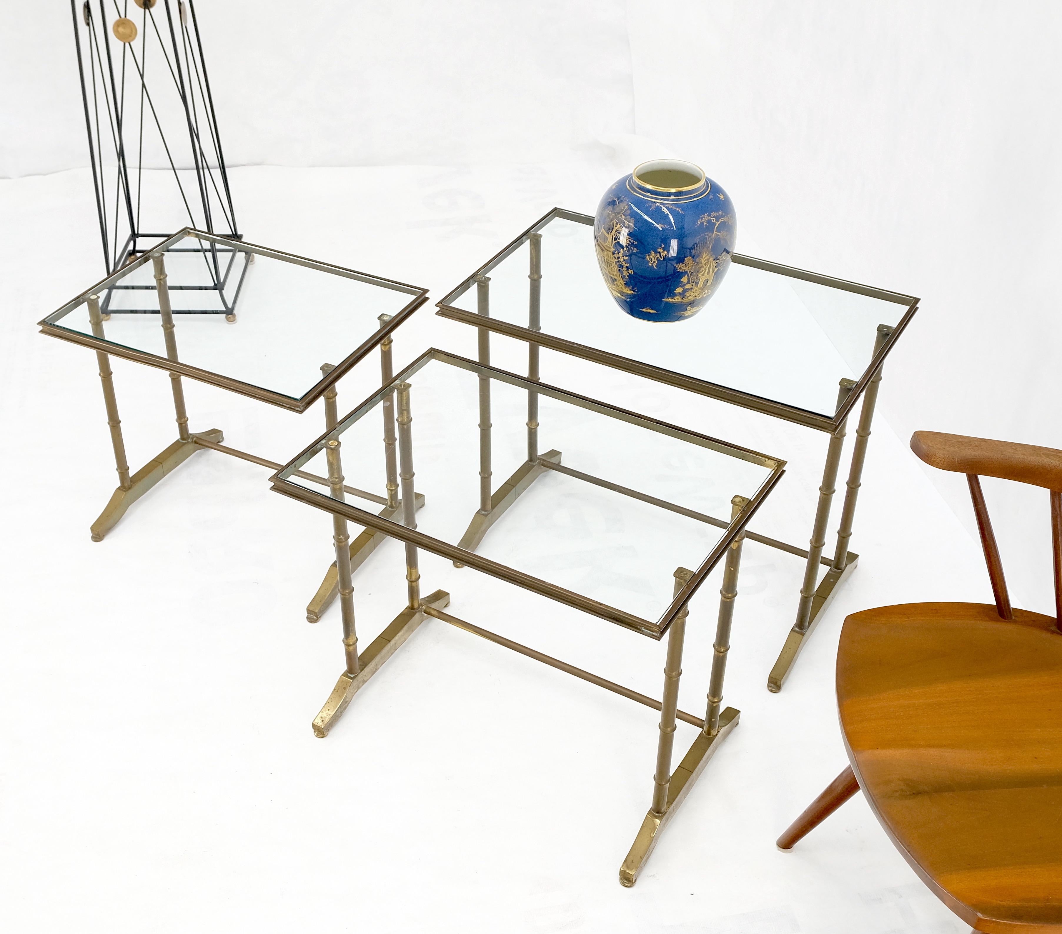 20th Century Set of MCM Solid Brass Faux Bamboo Glass Top Nesting Side End Tables Stands For Sale