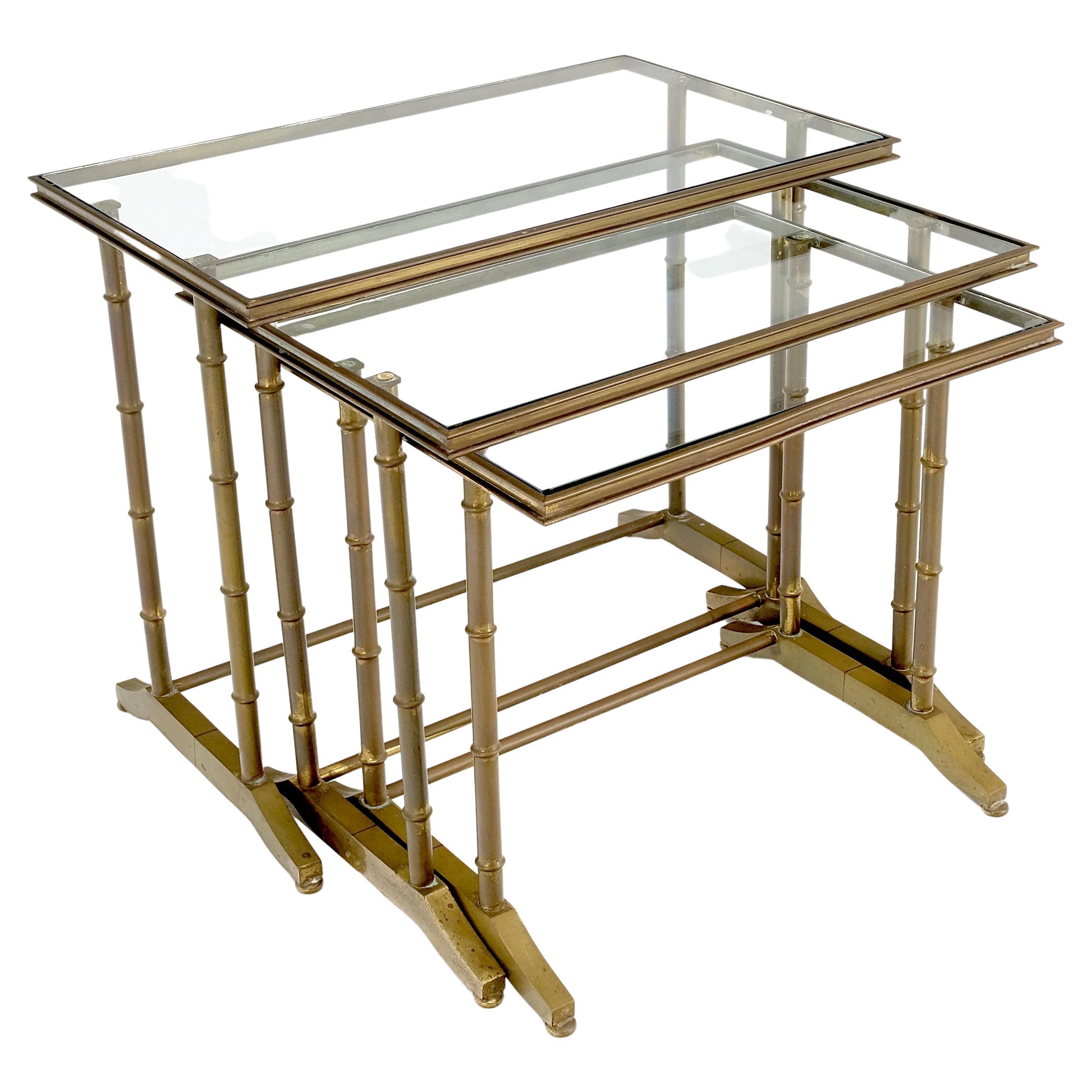 Set of MCM Solid Brass Faux Bamboo Glass Top Nesting Side End Tables Stands For Sale