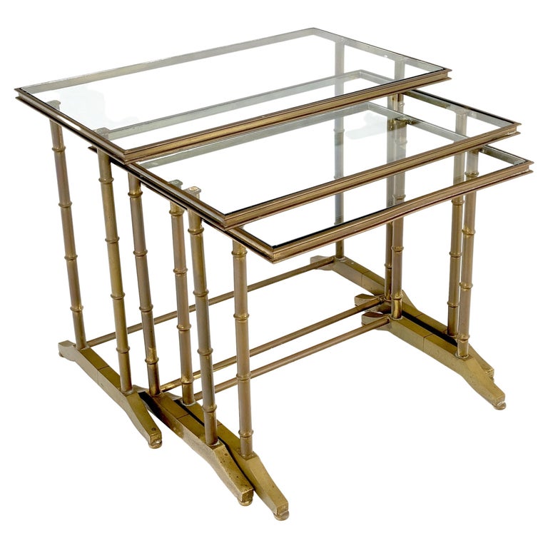 Set of Nesting Faux Bamboo Smoked Glass Top End or Side Tables For