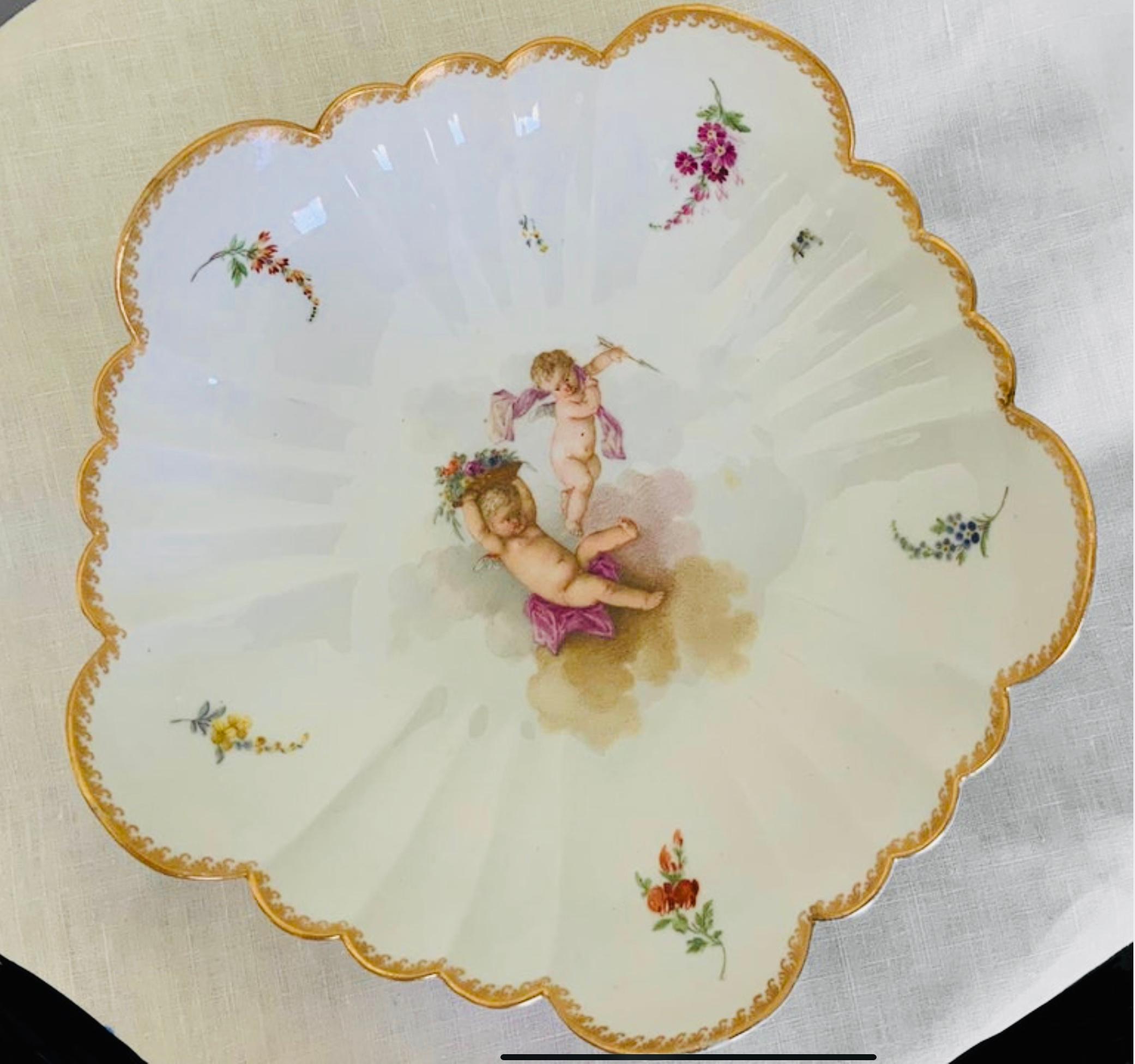 Rococo Set of Meissen Hand Painted Porcelain Scalloped Bowl/Plate For Sale