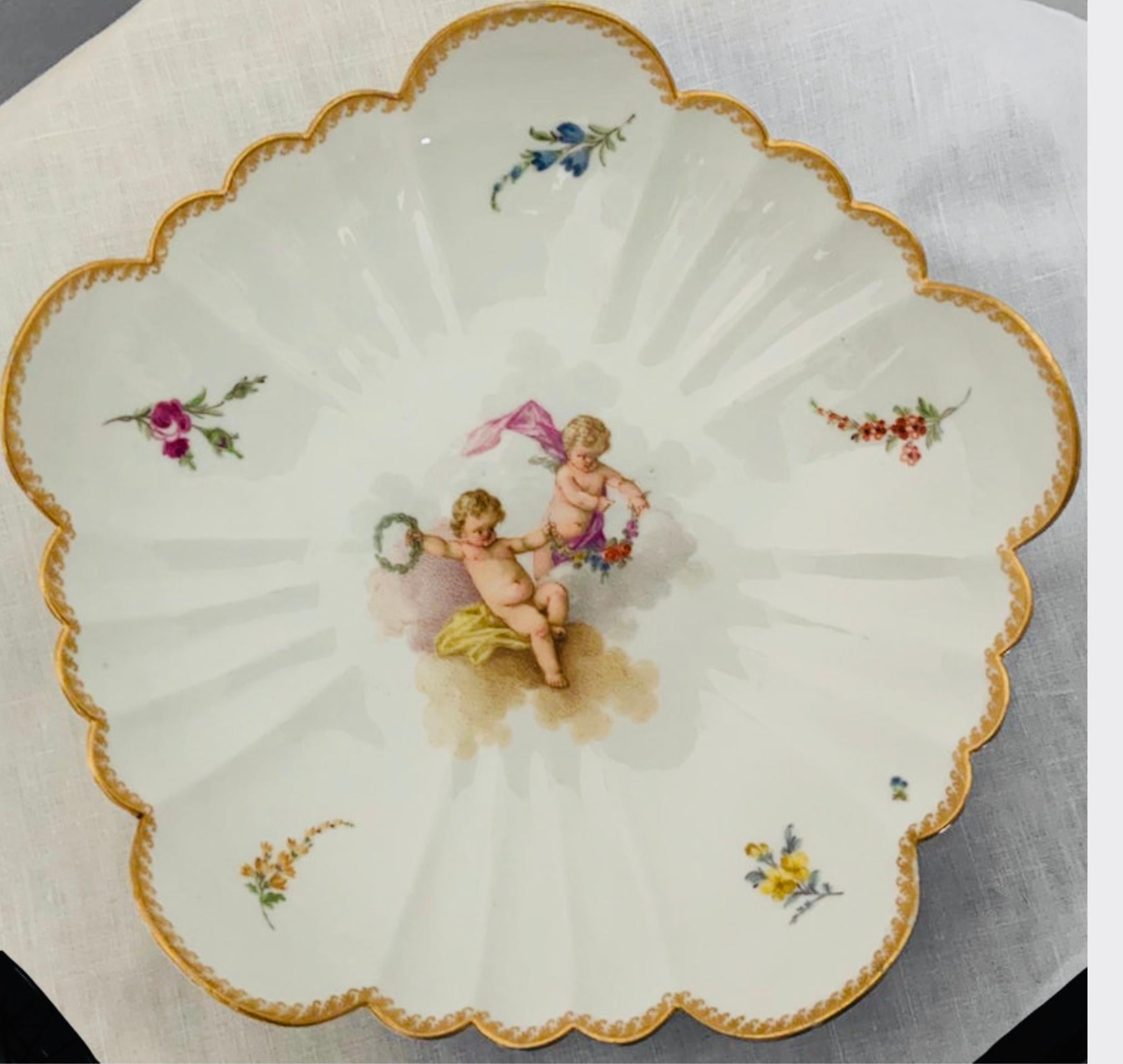 German Set of Meissen Hand Painted Porcelain Scalloped Bowl/Plate For Sale