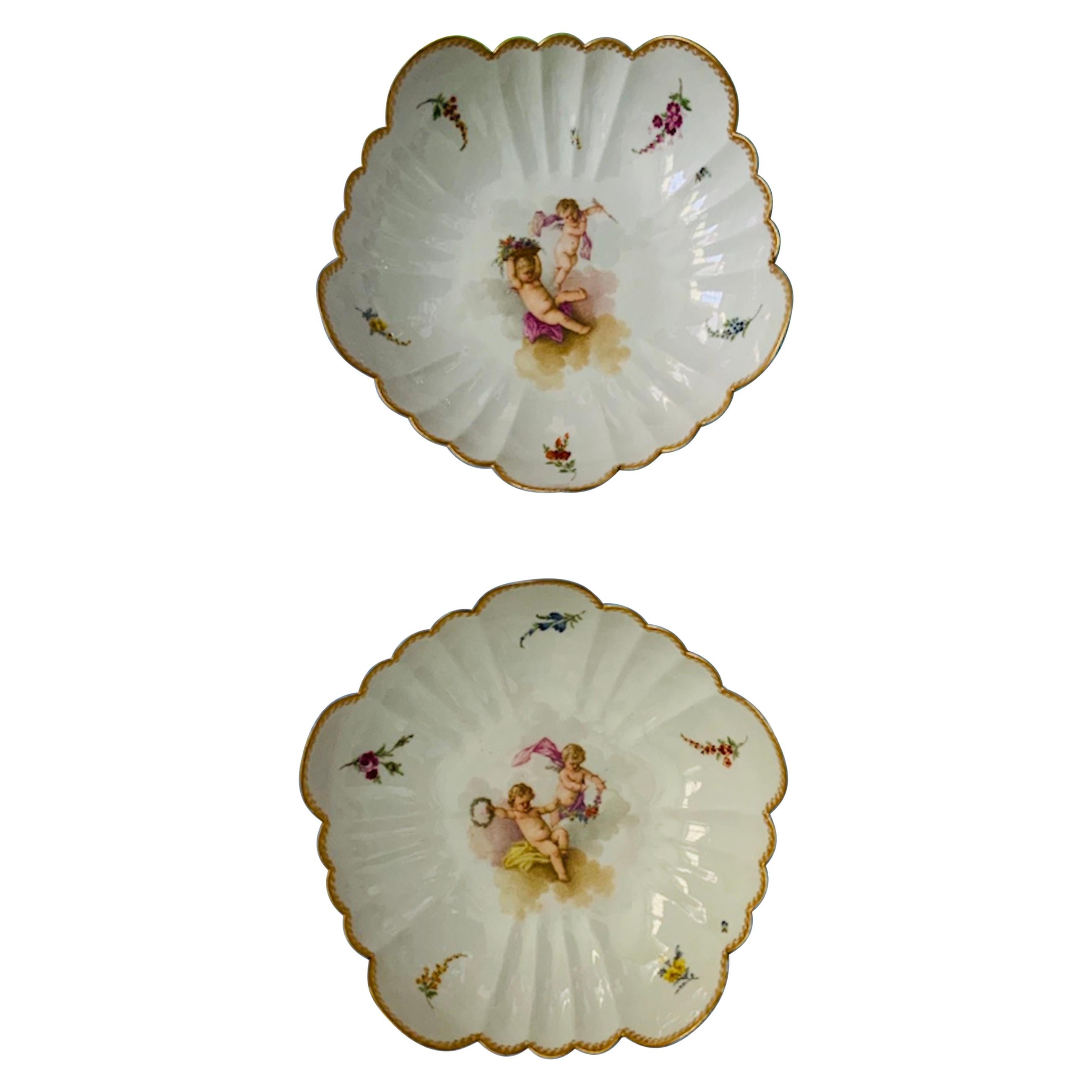 Set of Meissen Hand Painted Porcelain Scalloped Bowl/Plate For Sale