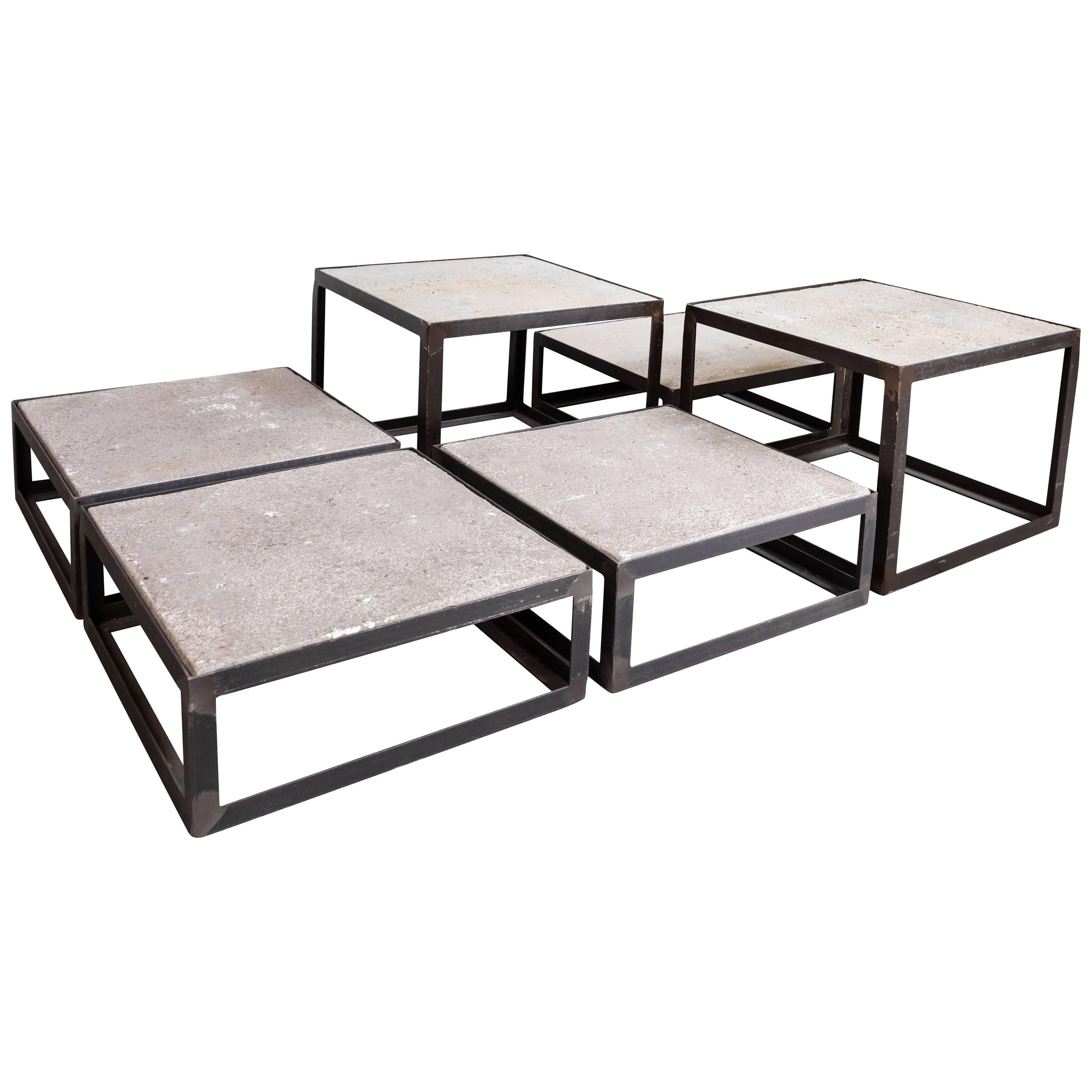 Set of Metal and Travertine Tables