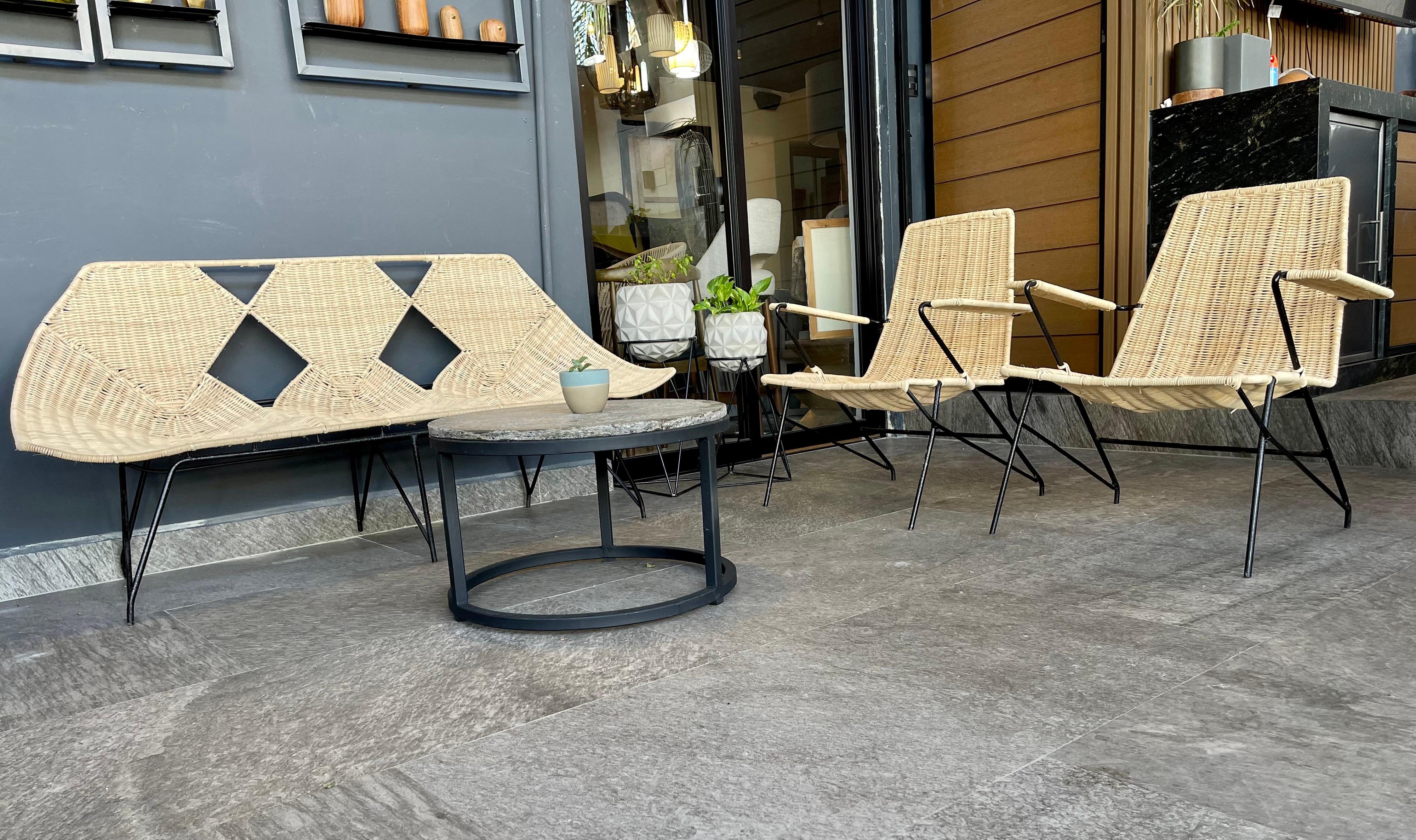 Set of Mexican Iron and Rattan loung chairs and sofa, handmade by local artisans, it consists of two lounge chairs and a sofa.
We recommend having them indoors or outside covered area protected from rain

Sofa measurements, W 63, D 22, H 30, Seat