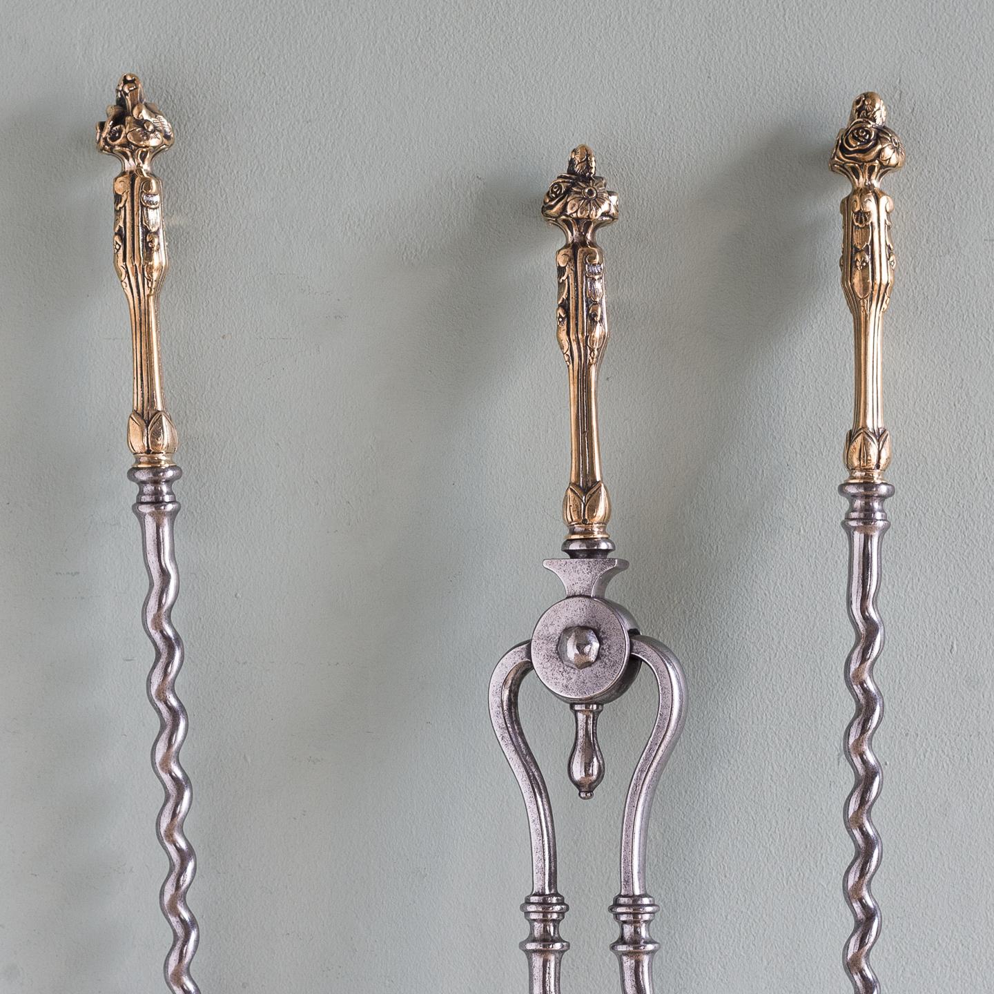 British Set of Mid-19th Century English Brass and Steel Fire Irons