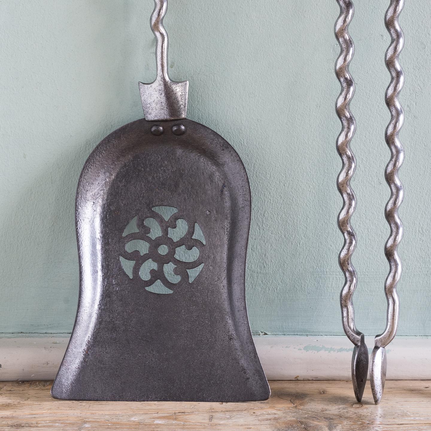 Cast Set of Mid-19th Century English Brass and Steel Fire Irons