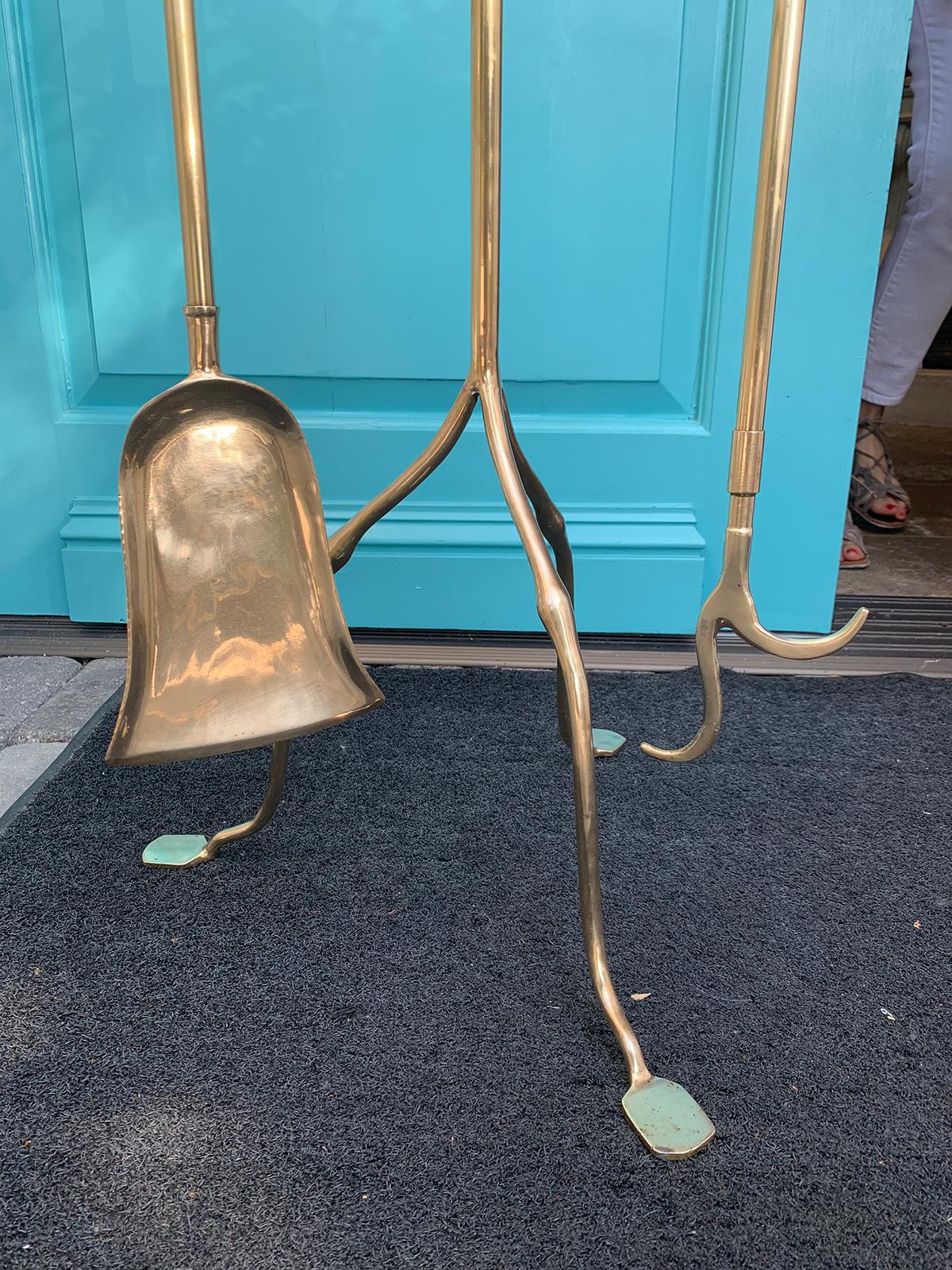 Set of Mid-20th Century Brass Fire Tools on Stand, Shovel and Poker 4