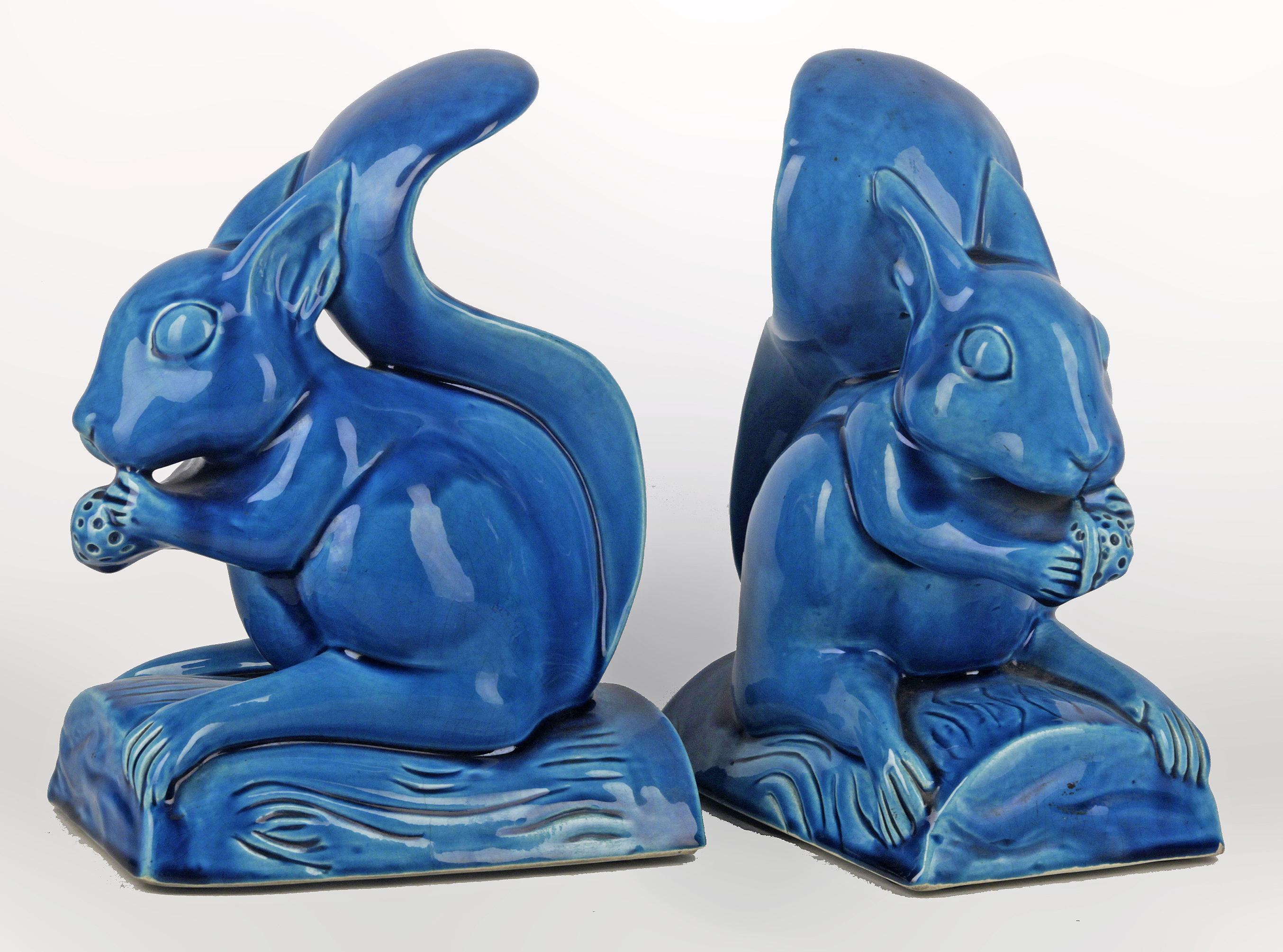 Set of mid-20th century chinese glazed blue ceramic squirrel sculptures/bookends

By: unknown
Material: ceramic, paint
Technique: pressed, molded, painted, hand-painted, enameled, glazed
Dimensions: 8 in x 5.5 in x 12 in
Date: mid-20th century,