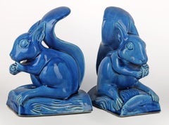 Set of Mid-20th Century Chinese Glazed Blue Ceramic Squirrel Sculptures/Bookends