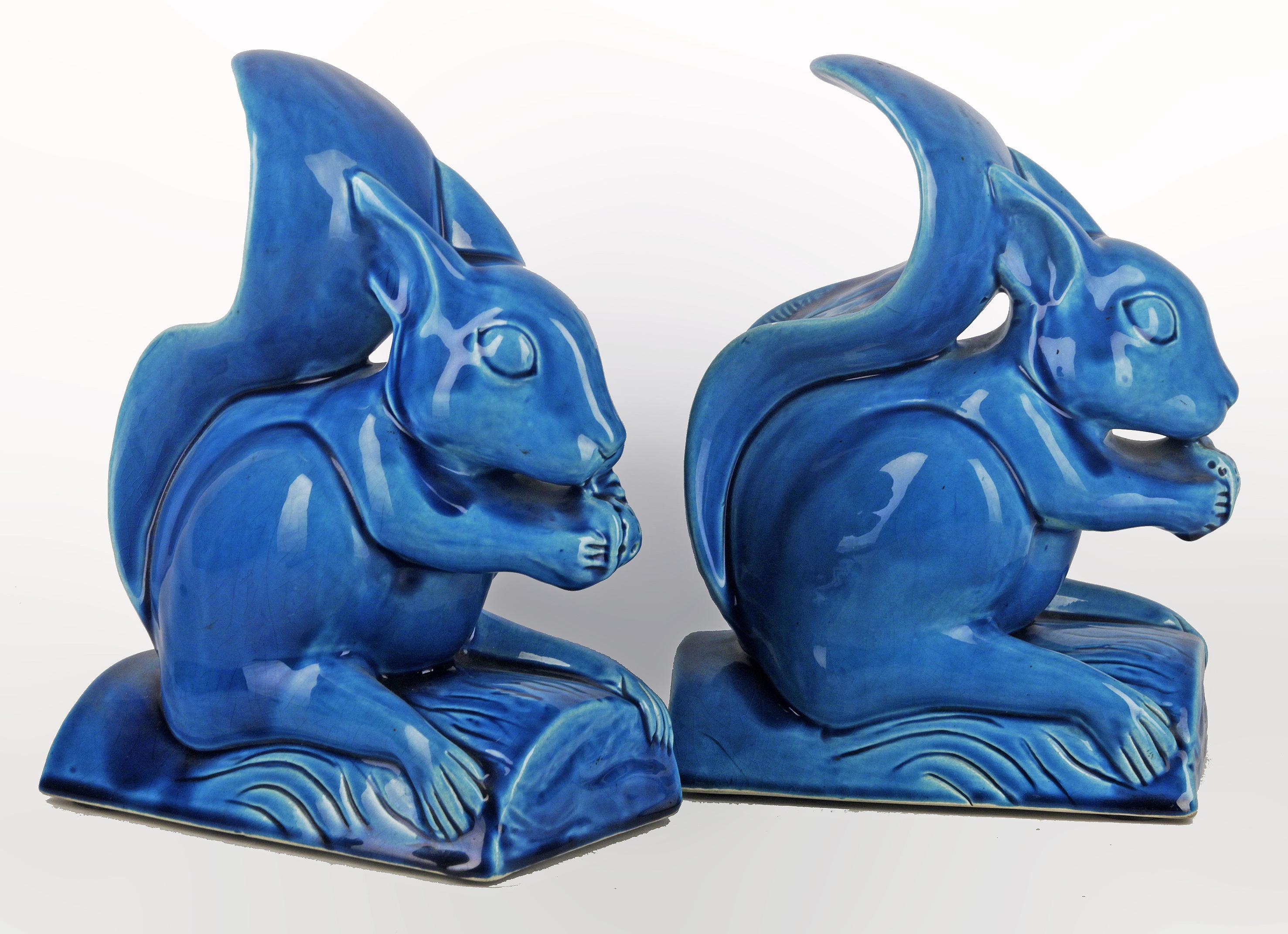Mid-Century Modern Set of Mid-20th Century Chinese Glazed Blue Ceramic Squirrel Sculptures/Bookends