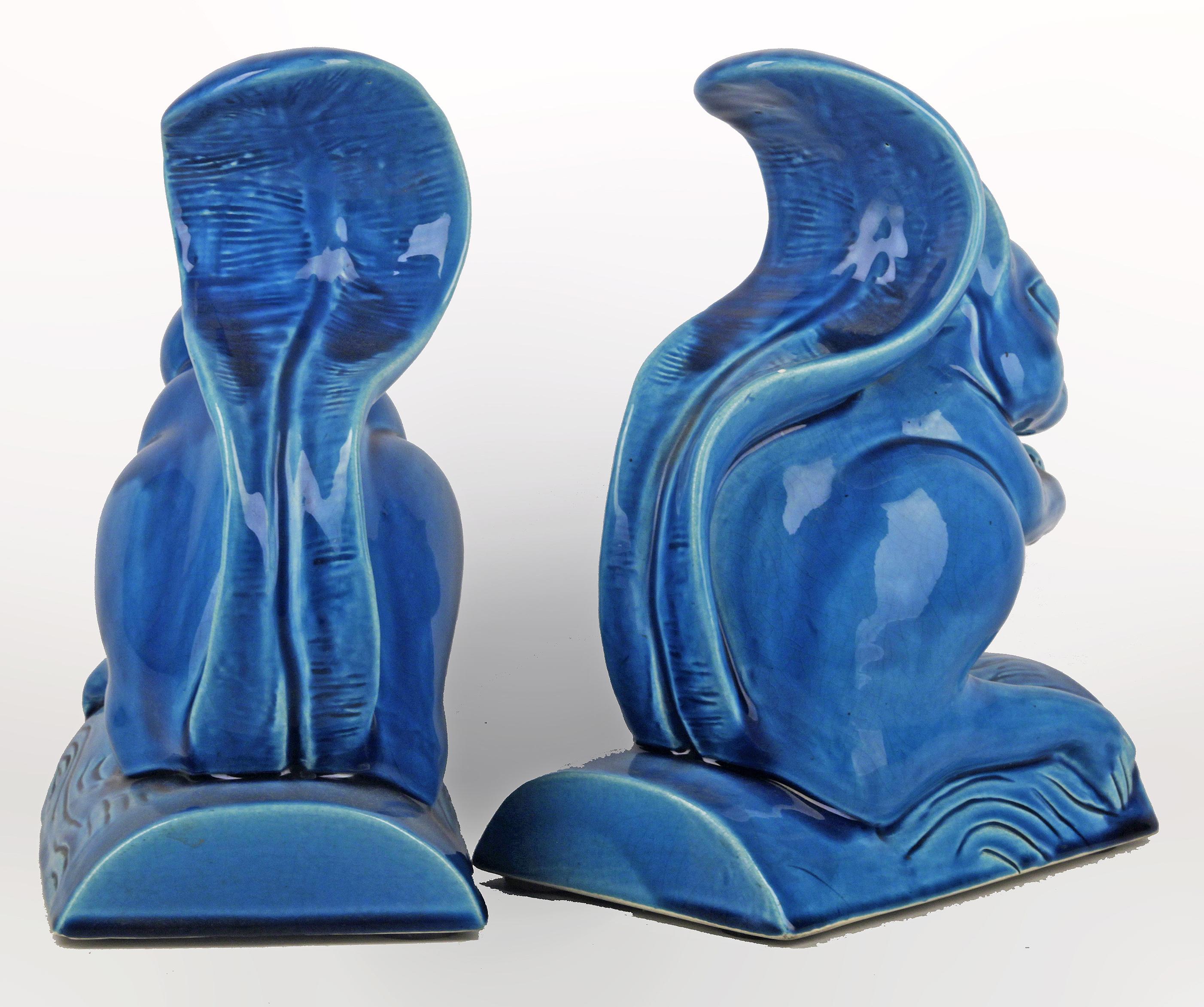 Enameled Set of Mid-20th Century Chinese Glazed Blue Ceramic Squirrel Sculptures/Bookends