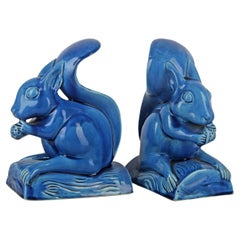 Set of Mid-20th Century Chinese Glazed Blue Ceramic Squirrel Sculptures/Bookends