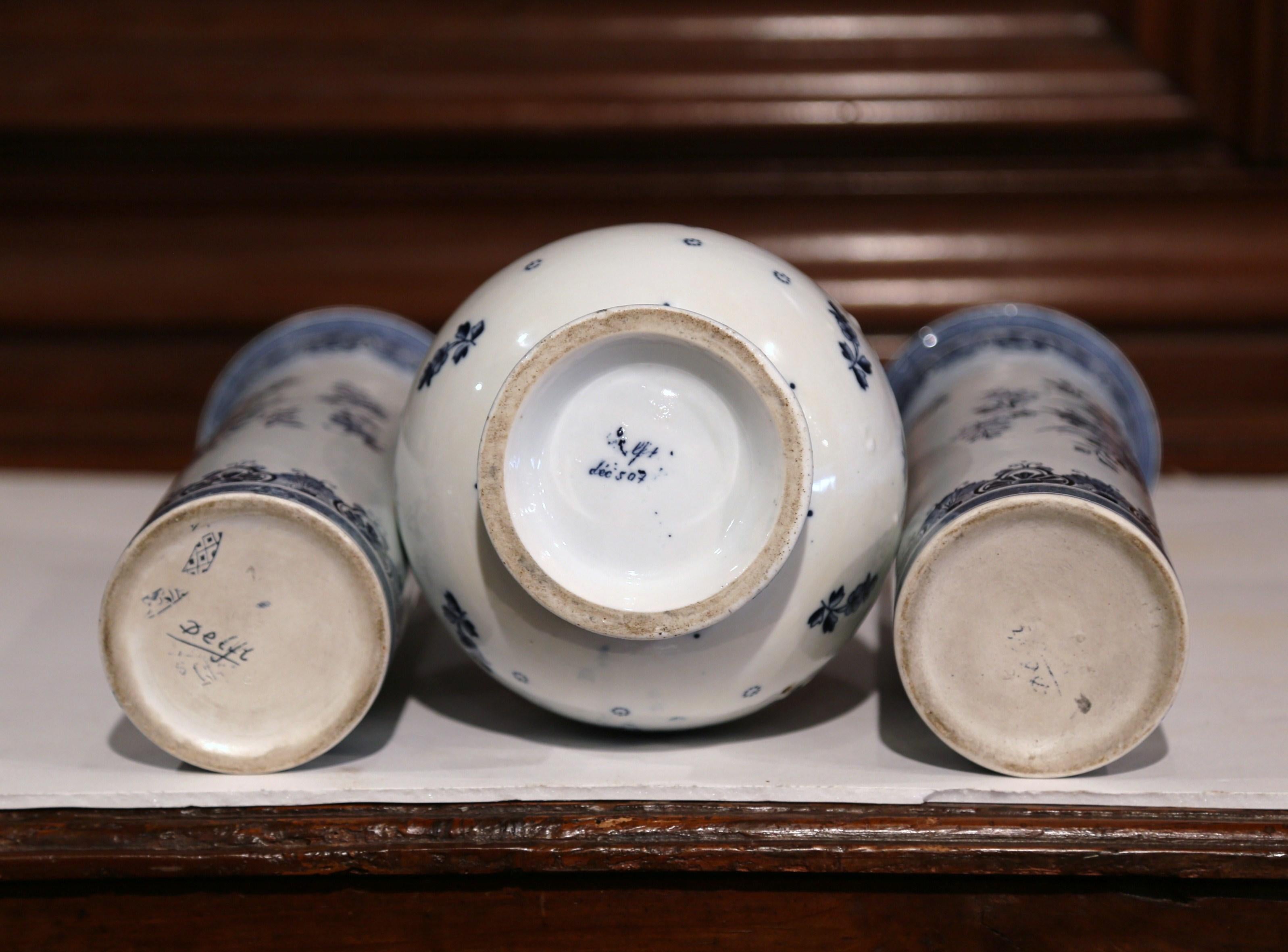 Set of Mid-20th Century Dutch Hand-Painted Ceramic Blue and White Delft Vases 4