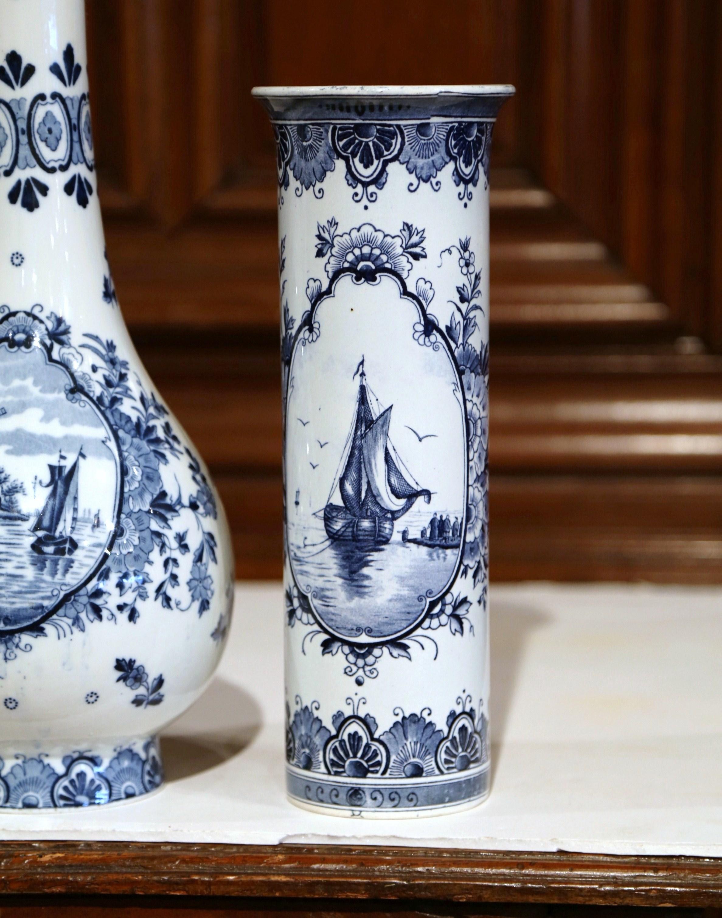 Hand-Crafted Set of Mid-20th Century Dutch Hand-Painted Ceramic Blue and White Delft Vases