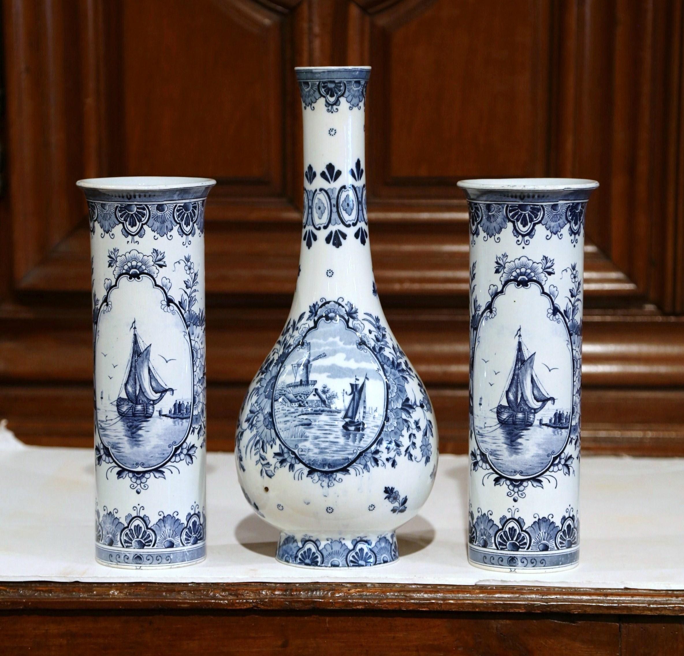 Set of Mid-20th Century Dutch Hand-Painted Ceramic Blue and White Delft Vases 1