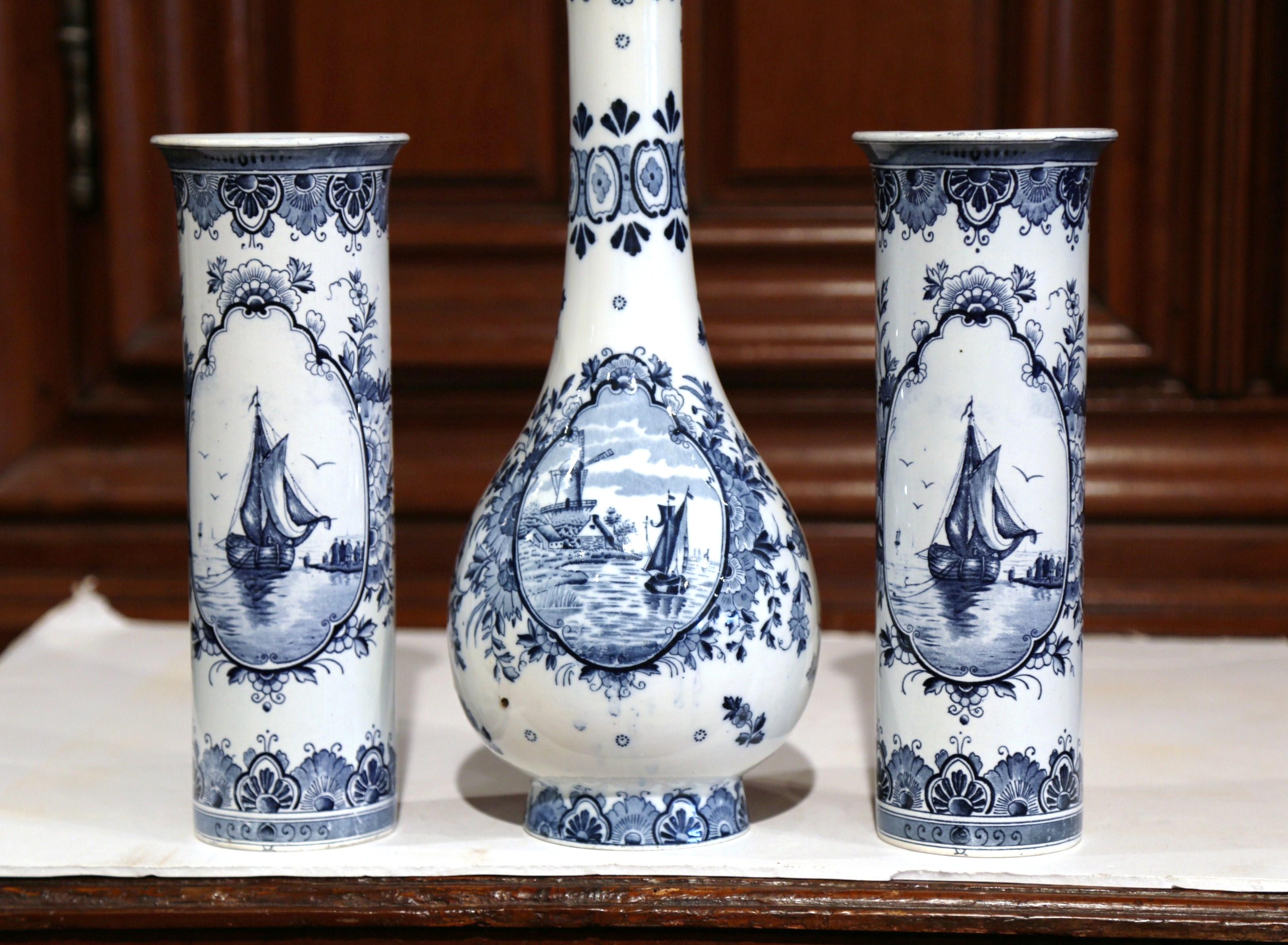 Set of Mid-20th Century Dutch Hand-Painted Ceramic Blue and White Delft Vases 2
