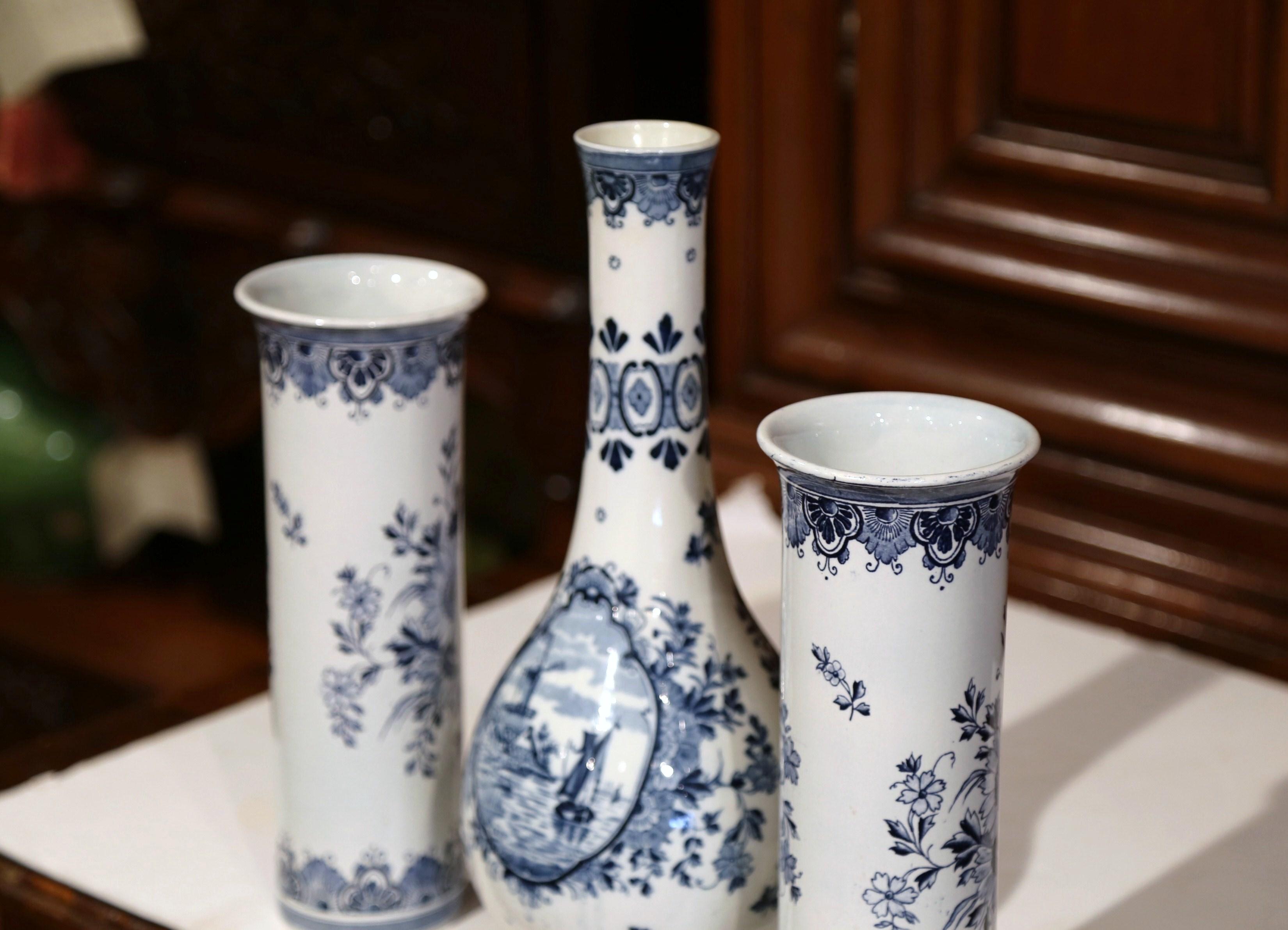 Set of Mid-20th Century Dutch Hand-Painted Ceramic Blue and White Delft Vases 3
