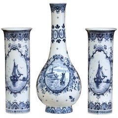 Vintage Set of Mid-20th Century Dutch Hand-Painted Ceramic Blue and White Delft Vases