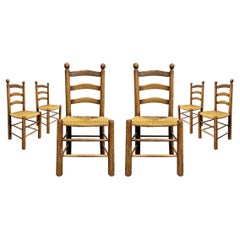 Set of Mid-20th Century French Oak and Rush Dining Chairs
