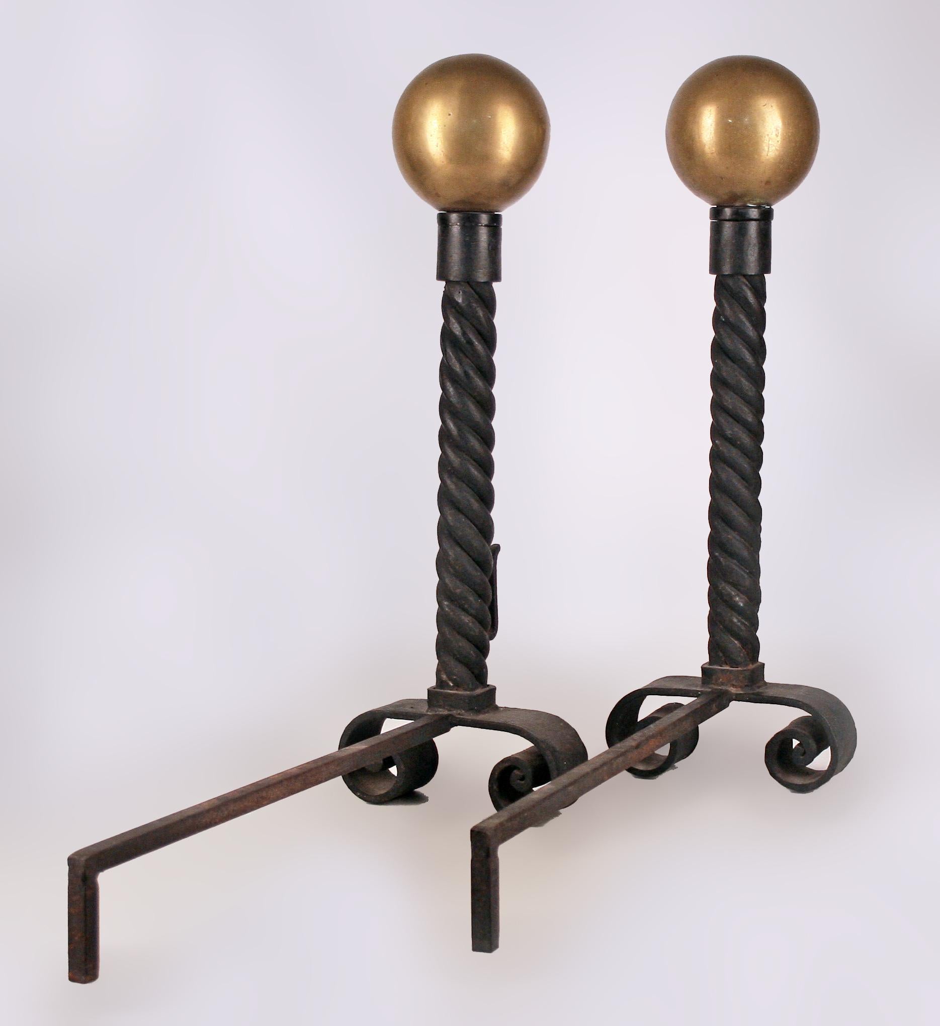 Set of Mid-20th Century Modern Wrought Iron Gilted Andirons by Gilbert Poillerat For Sale 4
