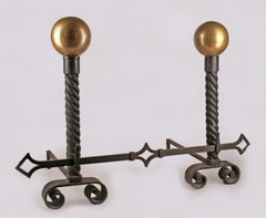 Set of Mid-20th Century Modern Wrought Iron Gilted Andirons by Gilbert Poillerat