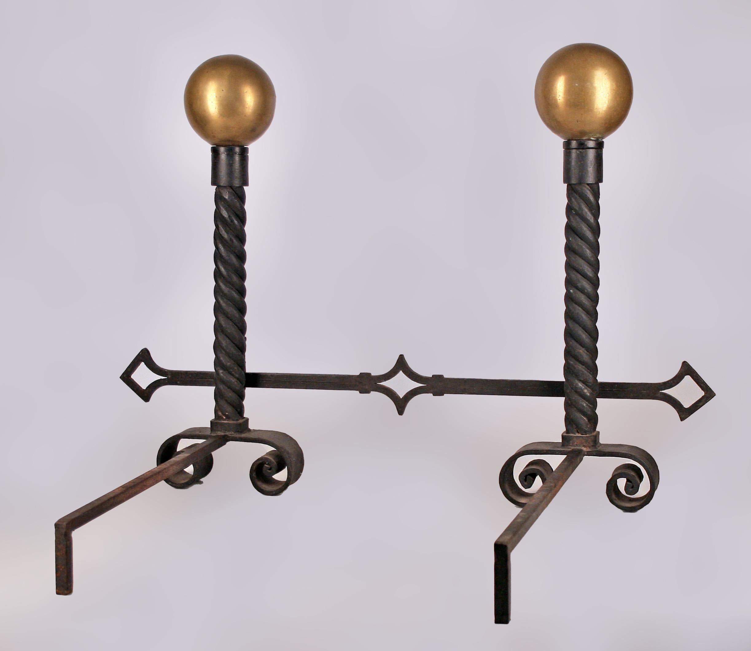 Mid-Century Modern Set of Mid-20th Century Modern Wrought Iron Gilted Andirons by Gilbert Poillerat For Sale