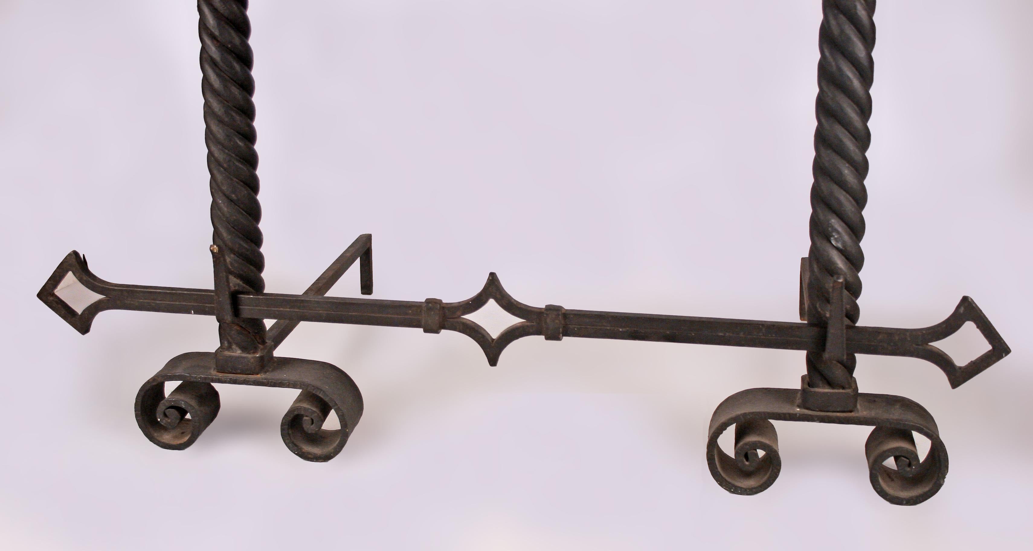 Set of Mid-20th Century Modern Wrought Iron Gilted Andirons by Gilbert Poillerat For Sale 1