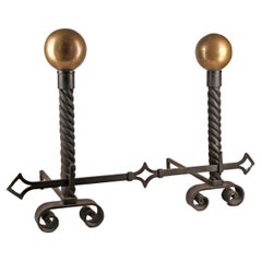 Set of Mid-20th Century Modern Wrought Iron Gilted Andirons by Gilbert Poillerat