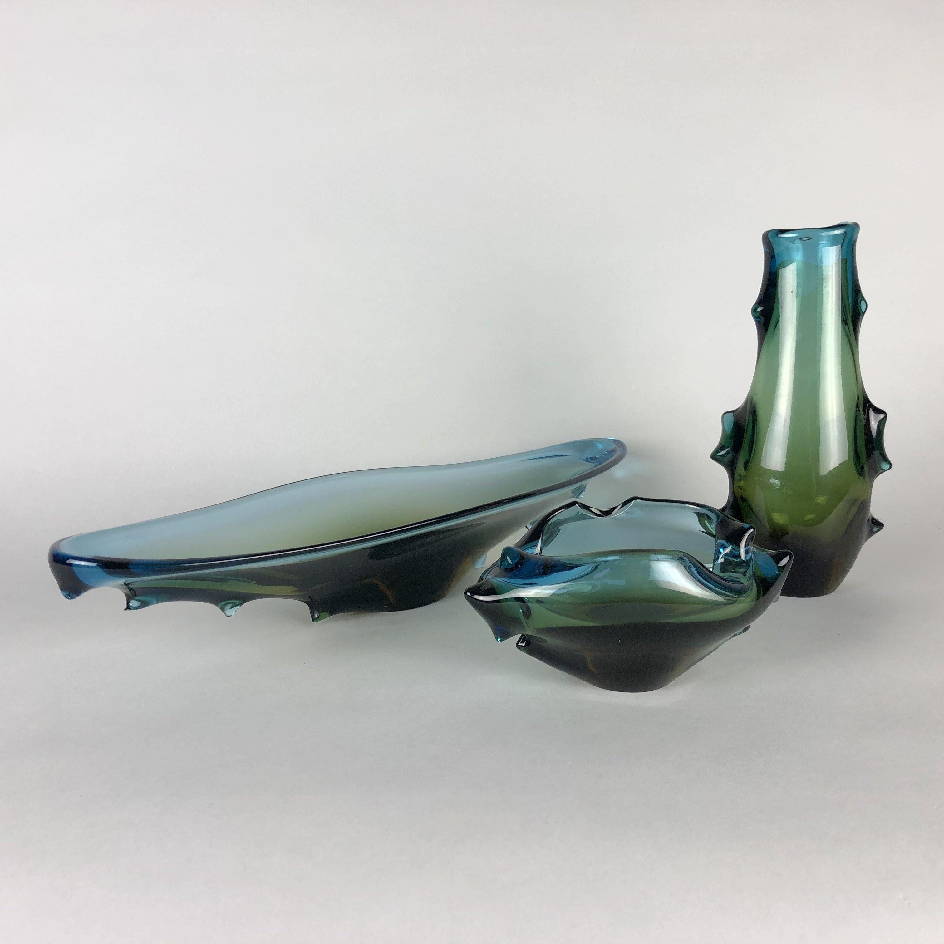 Set of Midcentury Art Glass Vase, Bowl and Ashtray, Czechoslovakia, 1960s 7