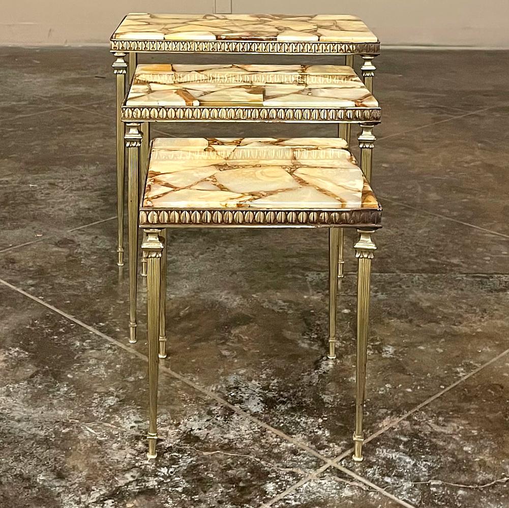 Set of Mid-Century Brass & Marble Nesting Tables are perfect for cozy rooms or efficient floor plans!  Use as a single side or end table, and pull out the companions as needed, then tuck right back into the 