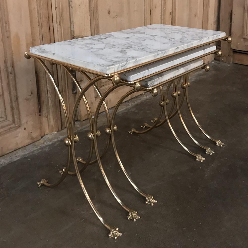 French Set of Midcentury Brass and Marble Nesting Tables