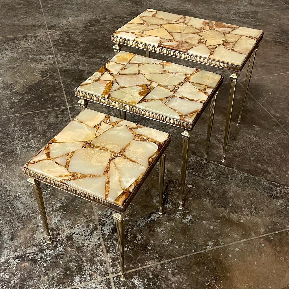 Italian Set of Mid-Century Brass & Marble Nesting Tables For Sale