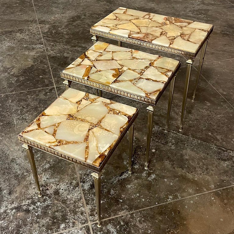 Set of Mid-Century Brass and Marble Nesting Tables For Sale at 1stDibs