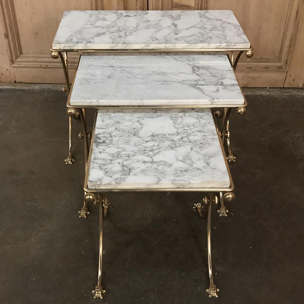 Hand-Crafted Set of Midcentury Brass and Marble Nesting Tables
